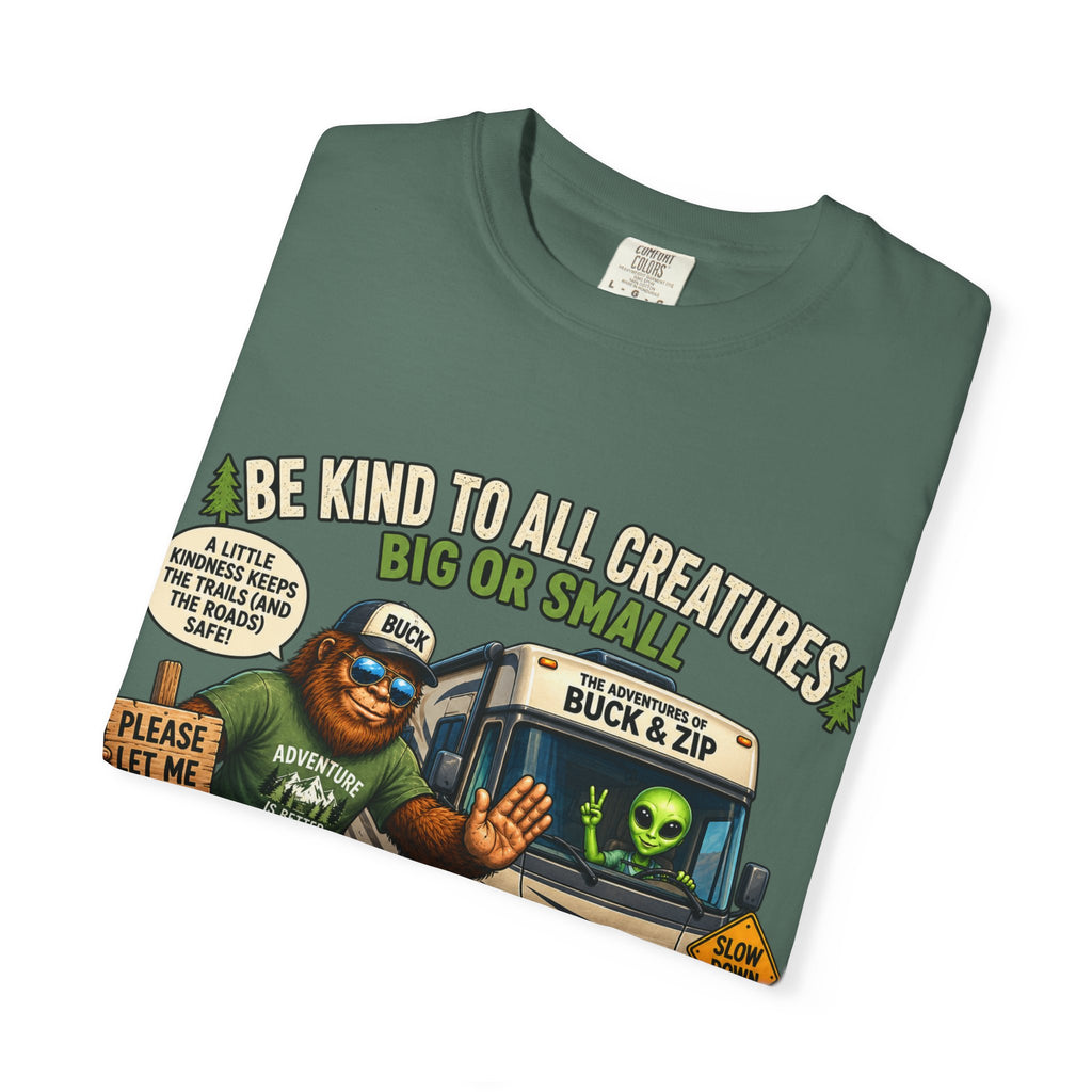 Bigfoot & Alien Rescue T-Shirt — "Be Kind to All Creatures" Adventure Tee
