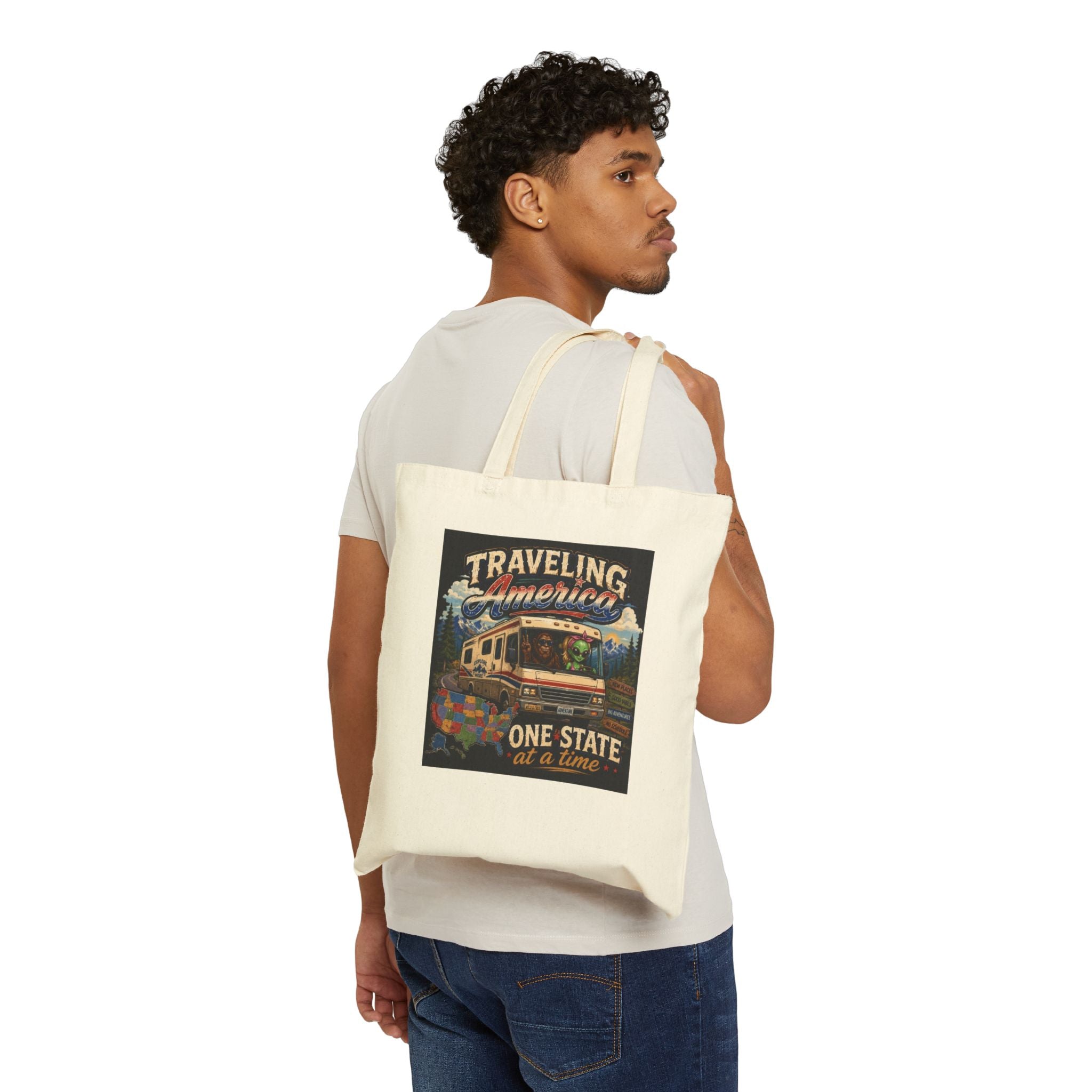 Traveling America Tote Bag – "One State at a Time" Vintage RV Travel Canvas Tote