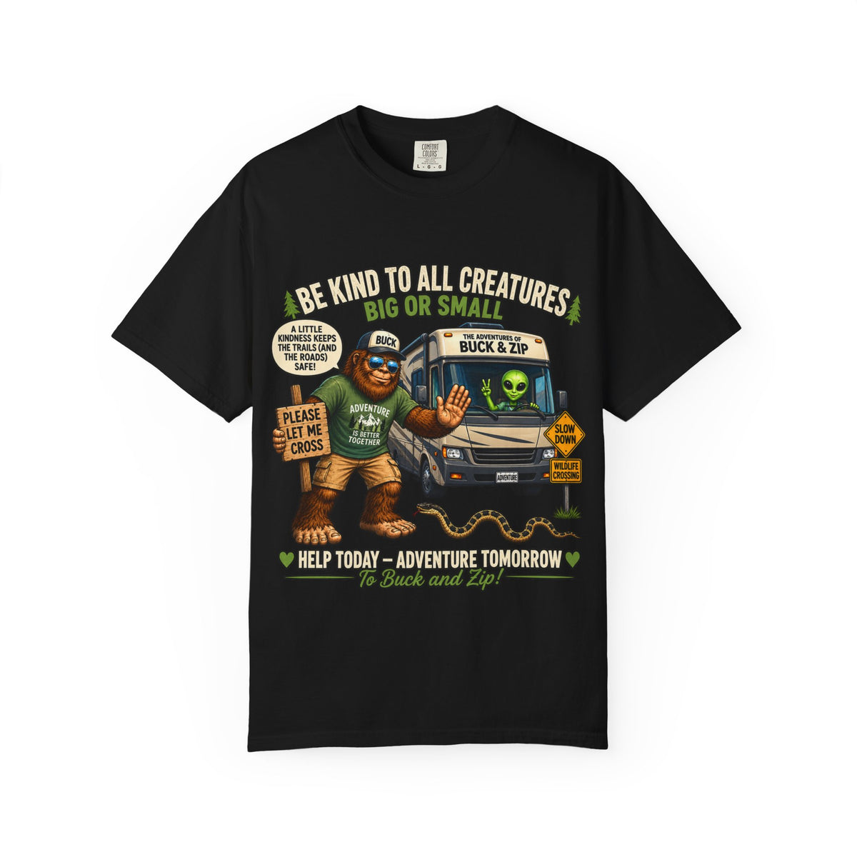 Bigfoot & Alien Rescue T-Shirt — "Be Kind to All Creatures" Adventure Tee
