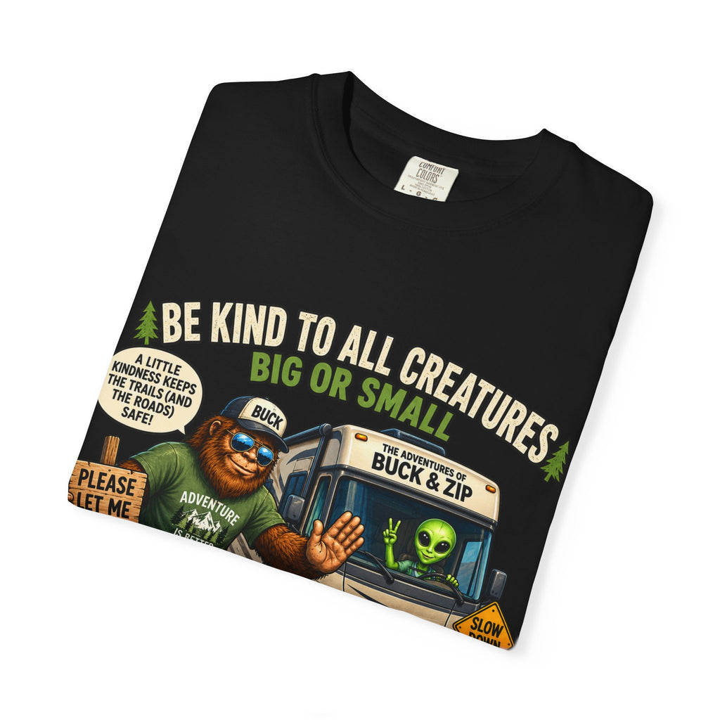 Bigfoot & Alien Rescue T-Shirt — "Be Kind to All Creatures" Adventure Tee