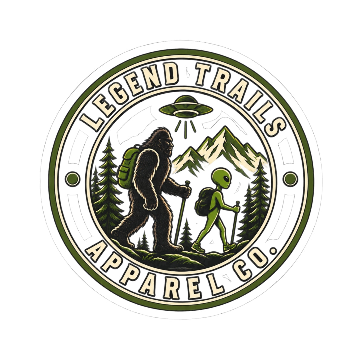 Legend Trails Apparel Co. Kiss-Cut Sticker — Sasquatch & Alien Hiking Badge