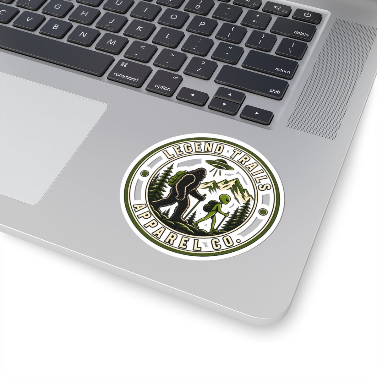 Legend Trails Apparel Co. Kiss-Cut Sticker — Sasquatch & Alien Hiking Badge