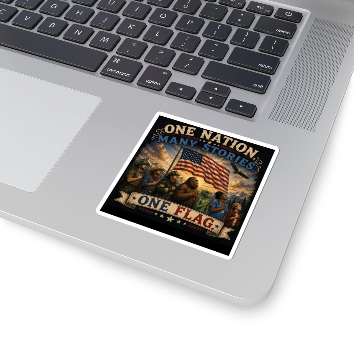 One Nation Many Stories — Patriotic Kiss-Cut Sticker (American Flag & Diverse Heroes)