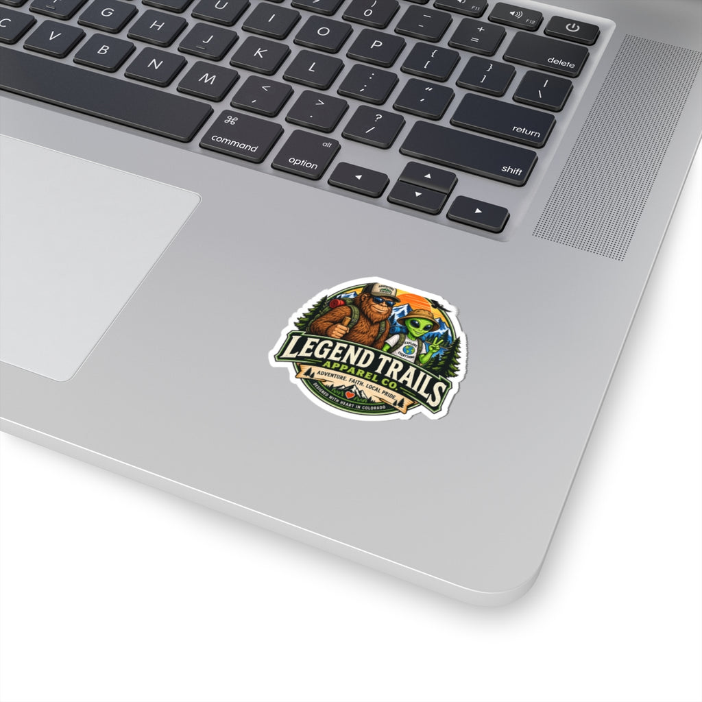 Legend Trails Kiss-Cut Sticker — Sasquatch & Alien Hiker Adventure Badge