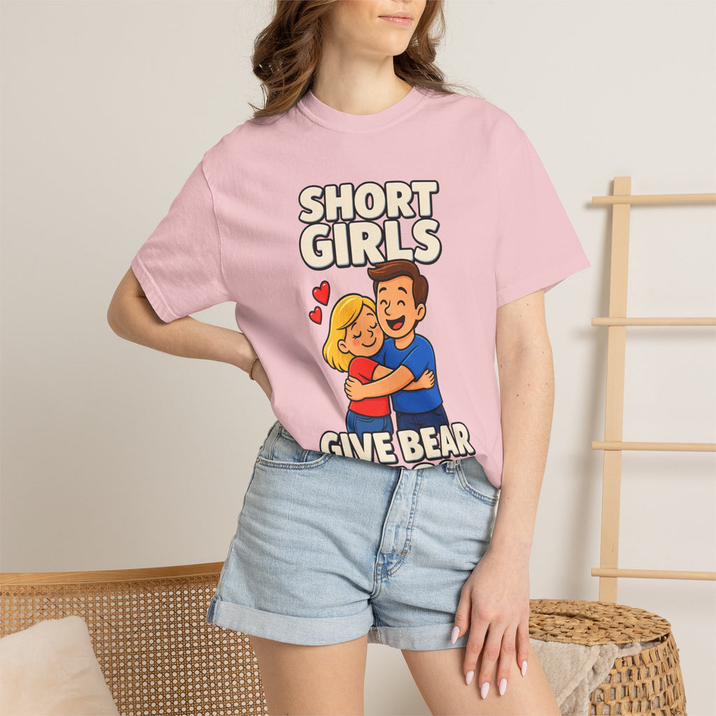Short Girls Give Bear Hugs T-Shirt — Cute Retro Couple Hug Graphic Tee