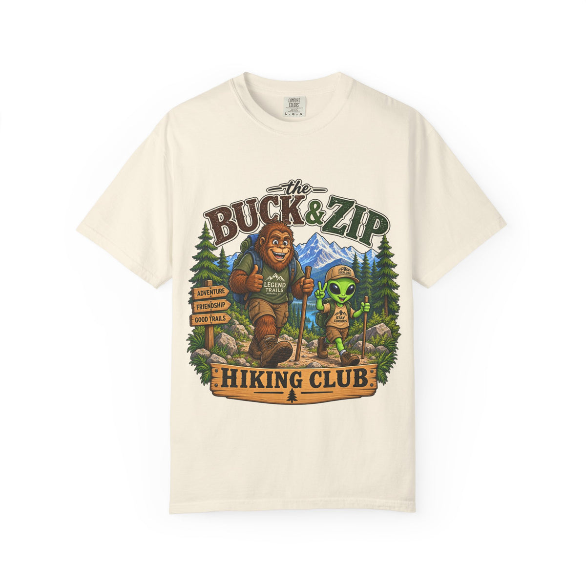 Hiking Club T-Shirt — "The Buck & Zip" Bigfoot & Alien Outdoor Tee