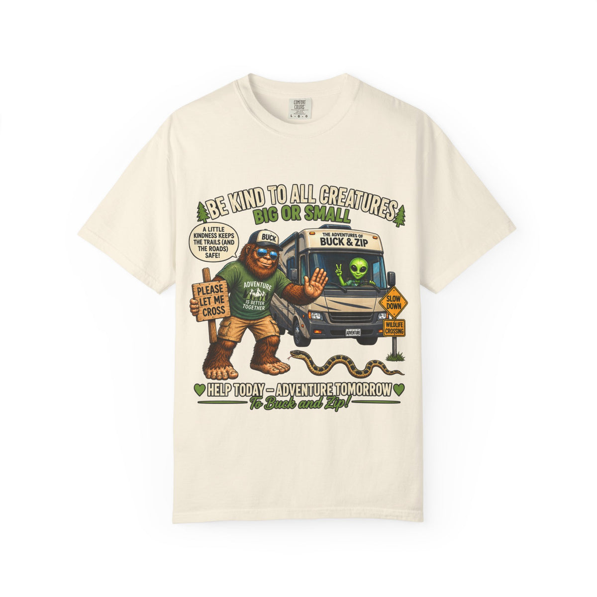 Bigfoot & Alien Rescue T-Shirt — "Be Kind to All Creatures" Adventure Tee
