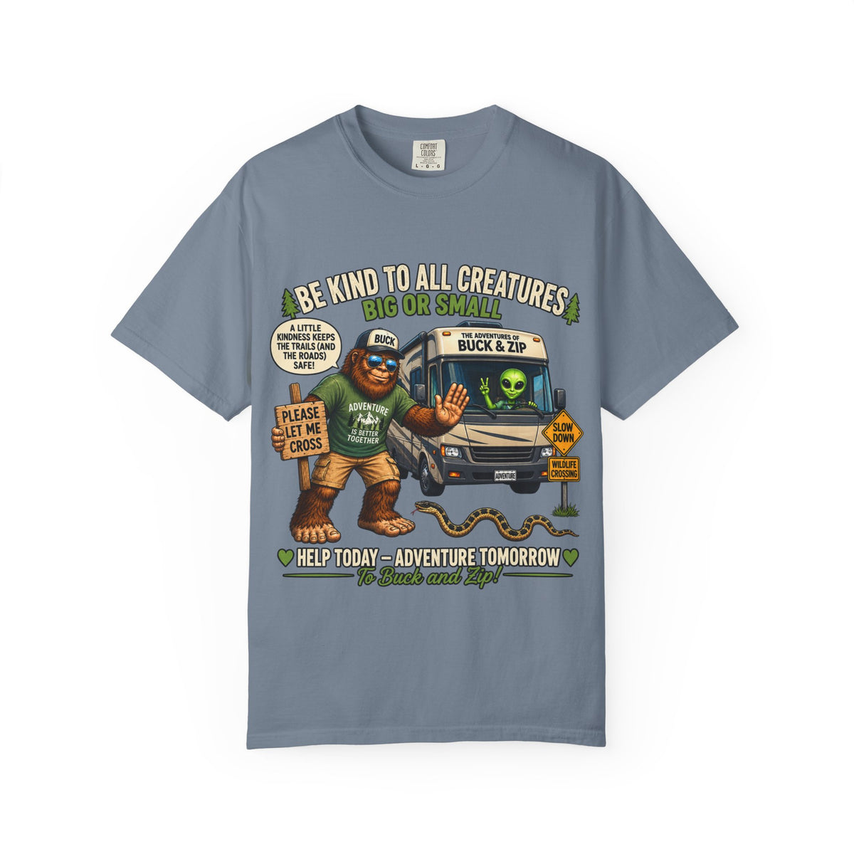 Bigfoot & Alien Rescue T-Shirt — "Be Kind to All Creatures" Adventure Tee