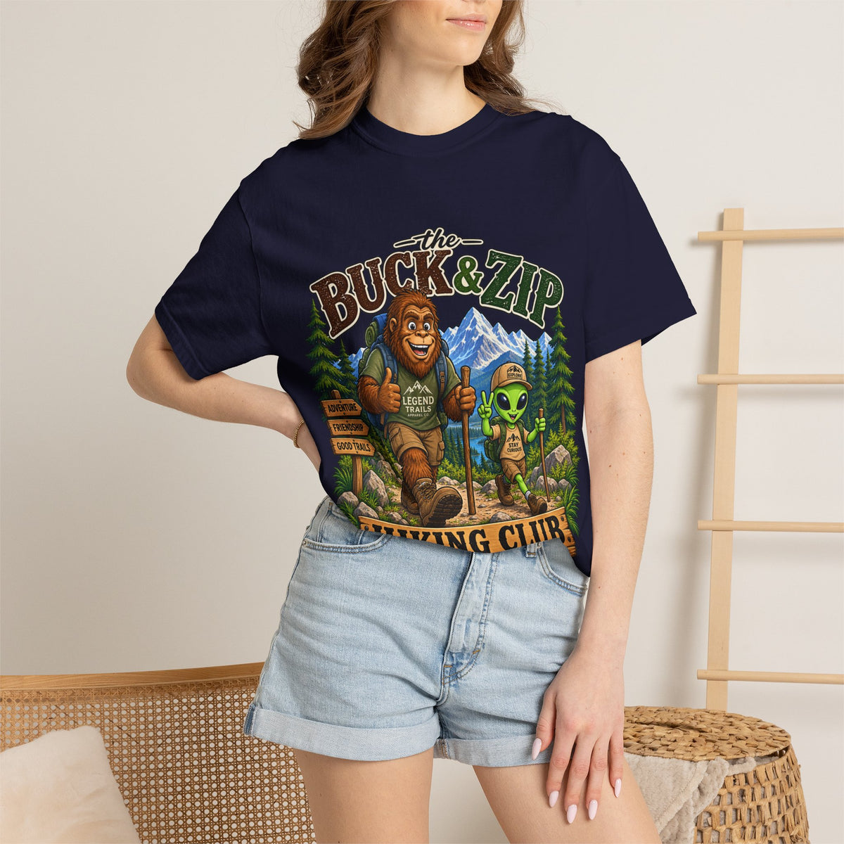 Hiking Club T-Shirt — "The Buck & Zip" Bigfoot & Alien Outdoor Tee