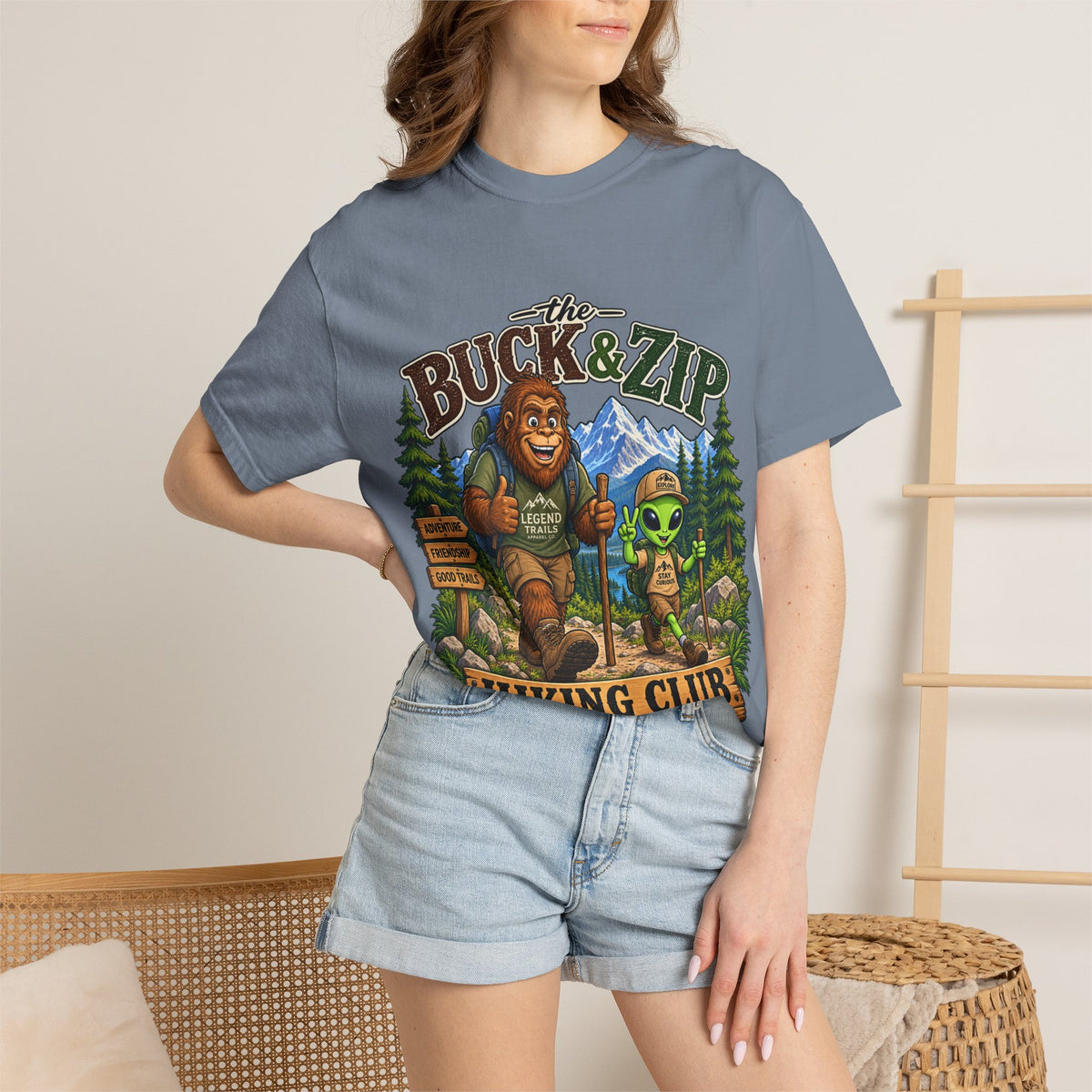Hiking Club T-Shirt — "The Buck & Zip" Bigfoot & Alien Outdoor Tee