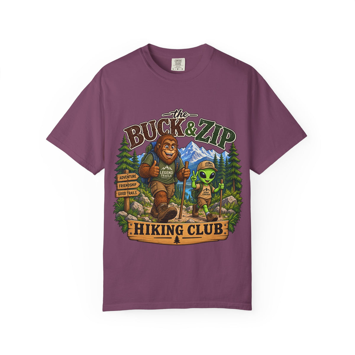 Hiking Club T-Shirt — "The Buck & Zip" Bigfoot & Alien Outdoor Tee