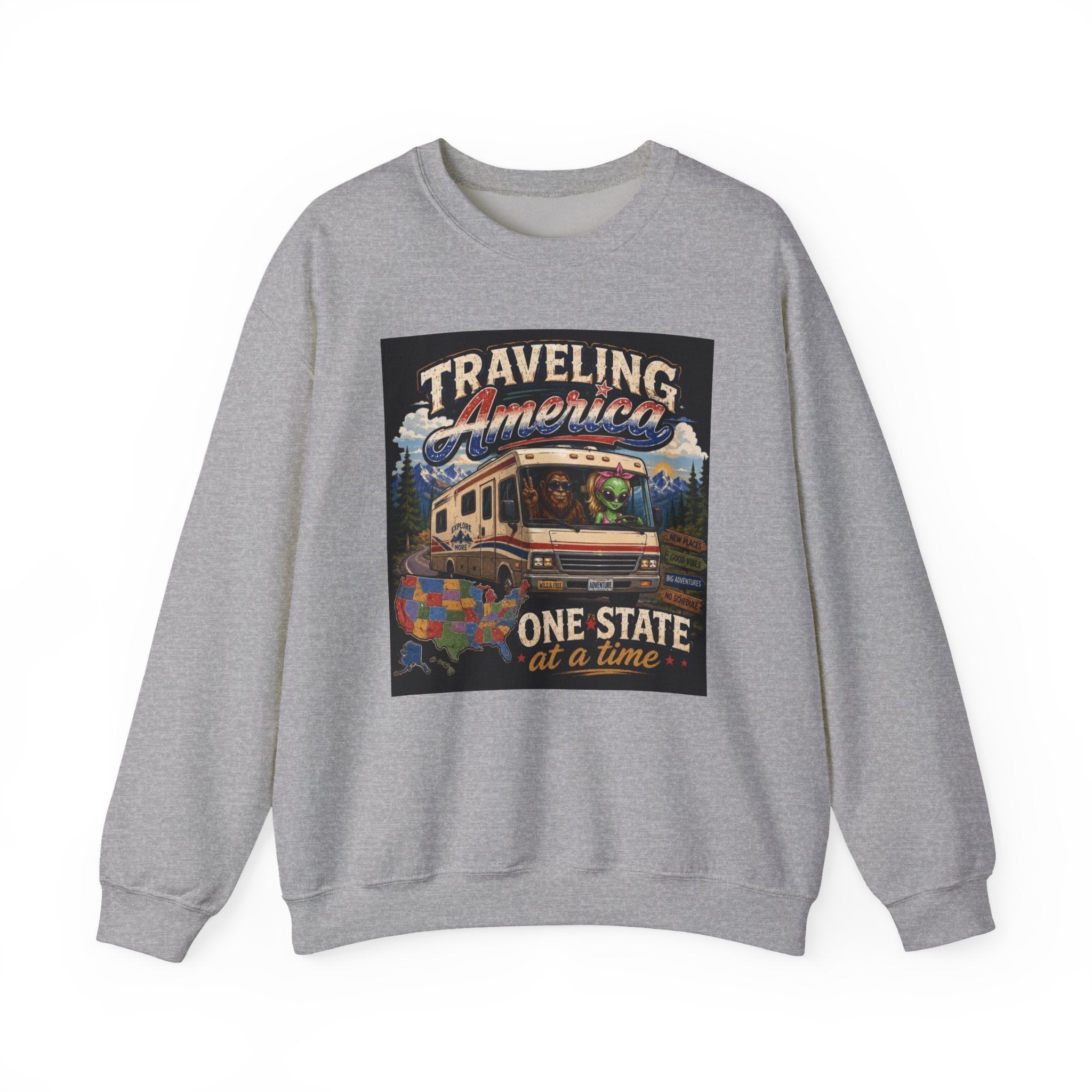 Traveling America Crewneck Sweatshirt — One State at a Time RV Roadtrip Graphic