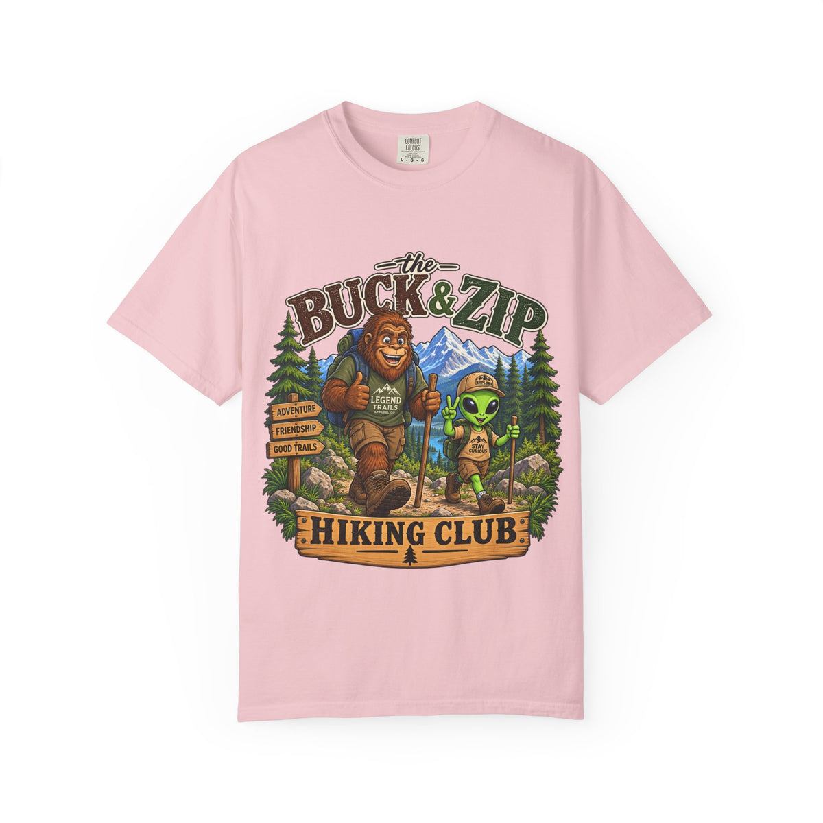 Hiking Club T-Shirt — "The Buck & Zip" Bigfoot & Alien Outdoor Tee