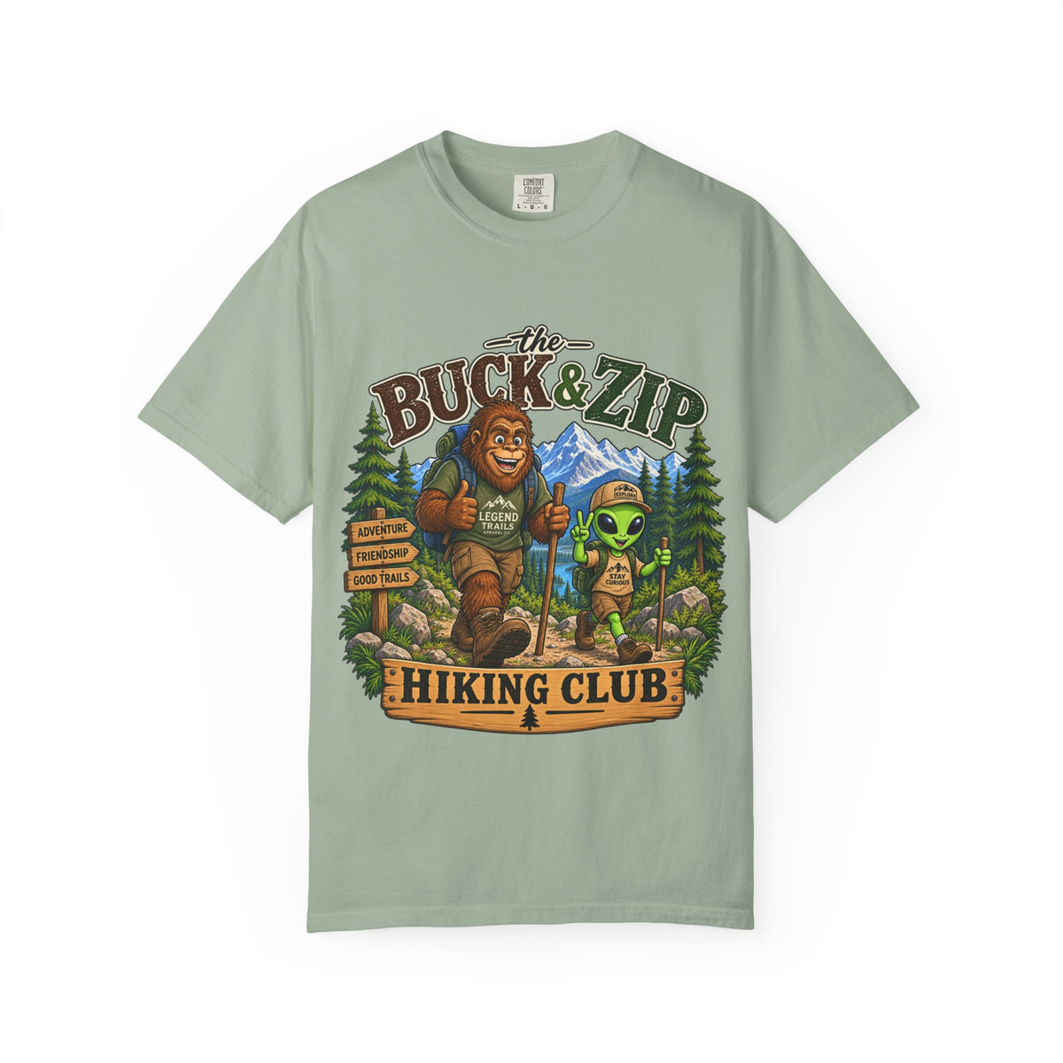 Hiking Club T-Shirt — "The Buck & Zip" Bigfoot & Alien Outdoor Tee