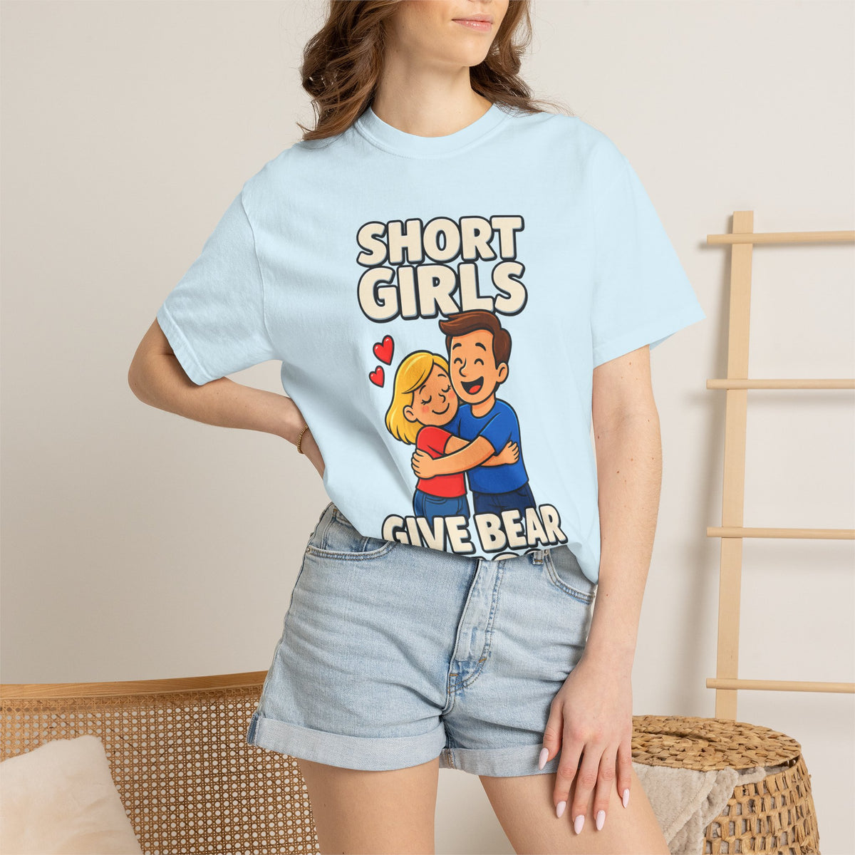 Short Girls Give Bear Hugs T-Shirt — Cute Retro Couple Hug Graphic Tee