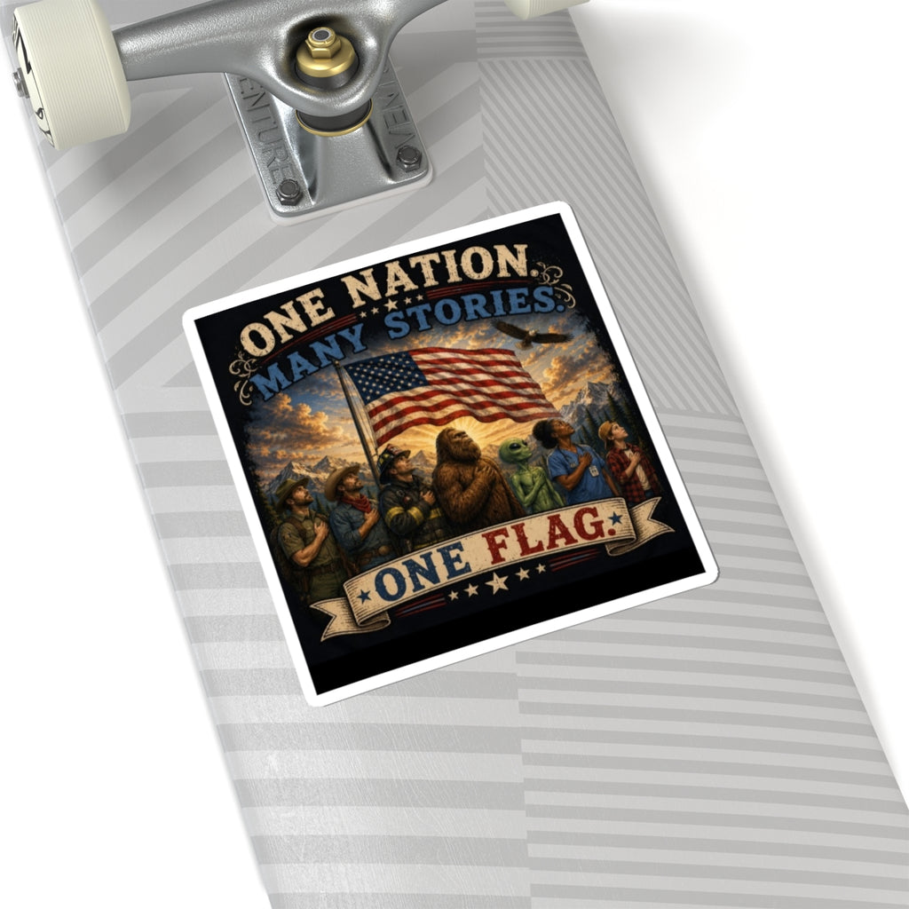 One Nation Many Stories — Patriotic Kiss-Cut Sticker (American Flag & Diverse Heroes)