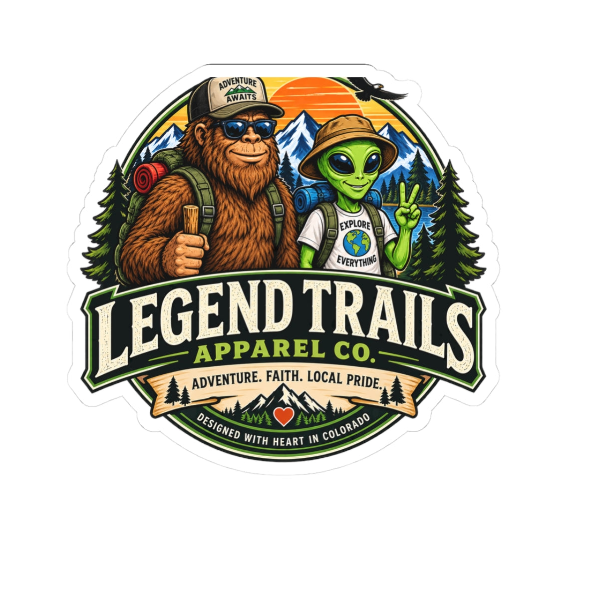 Legend Trails Kiss-Cut Sticker — Sasquatch & Alien Hiker Adventure Badge