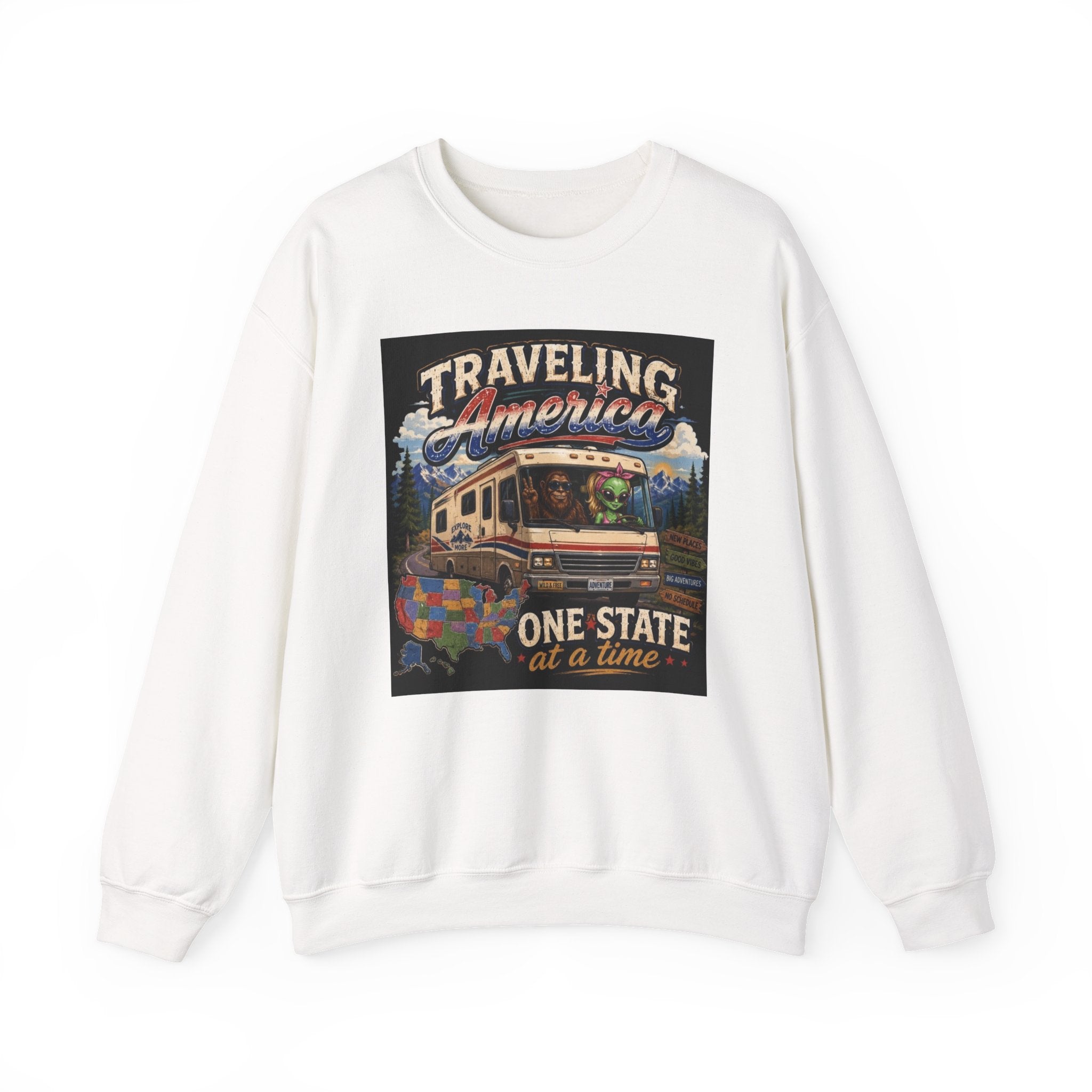 Traveling America Crewneck Sweatshirt — One State at a Time RV Roadtrip Graphic
