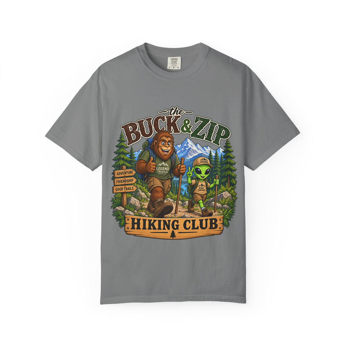 Hiking Club T-Shirt — "The Buck & Zip" Bigfoot & Alien Outdoor Tee