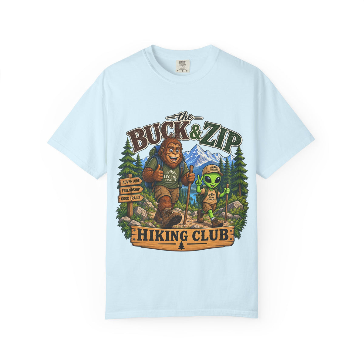 Hiking Club T-Shirt — "The Buck & Zip" Bigfoot & Alien Outdoor Tee
