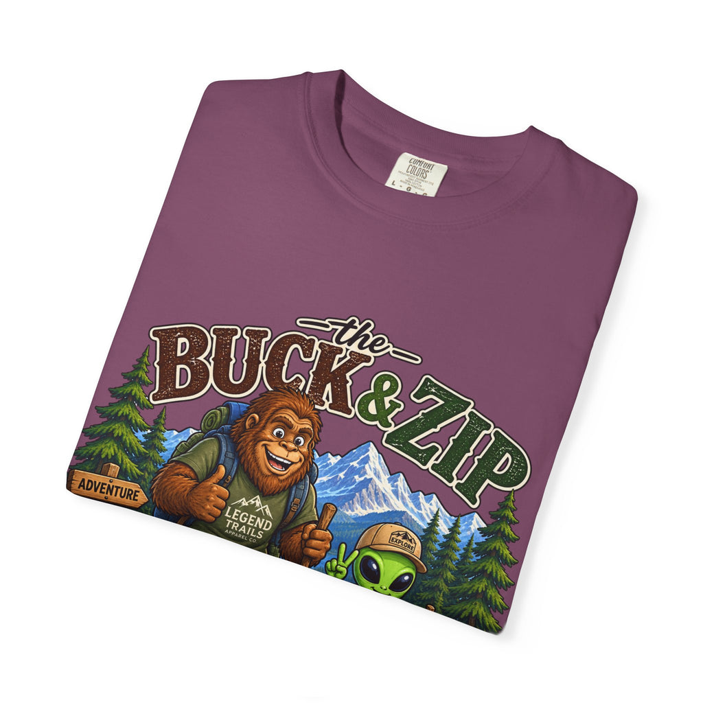 Hiking Club T-Shirt — "The Buck & Zip" Bigfoot & Alien Outdoor Tee