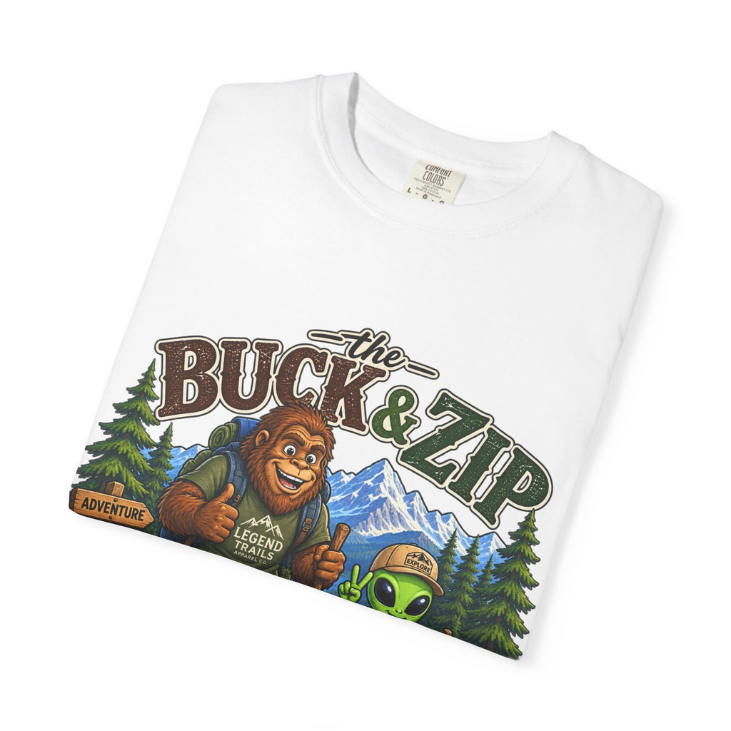 Hiking Club T-Shirt — "The Buck & Zip" Bigfoot & Alien Outdoor Tee