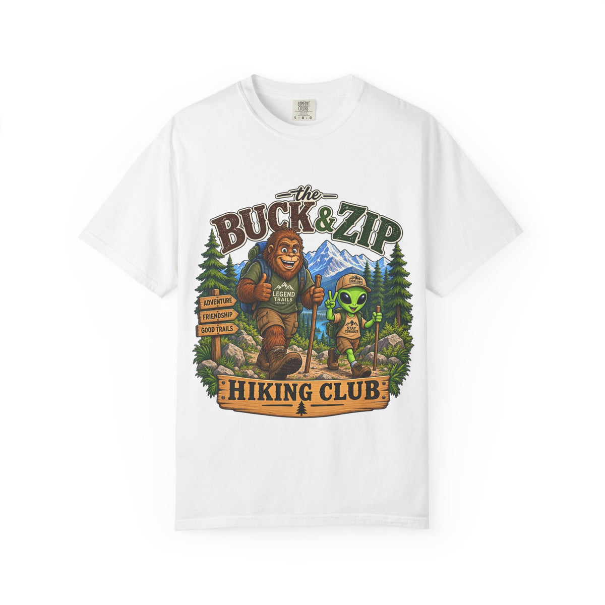 Hiking Club T-Shirt — "The Buck & Zip" Bigfoot & Alien Outdoor Tee