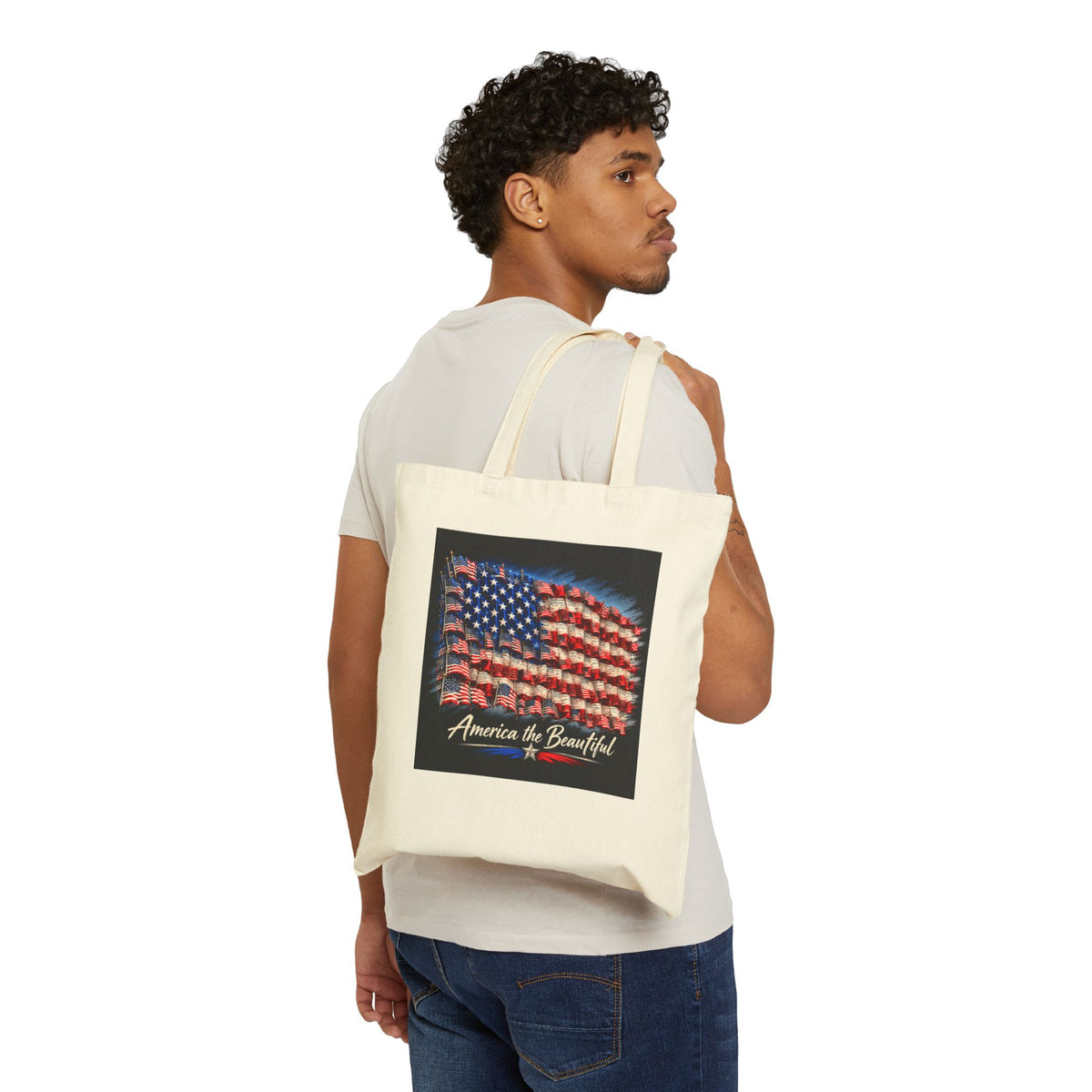 American Flag Canvas Tote Bag – "America the Beautiful" Patriotic Reusable Shopper