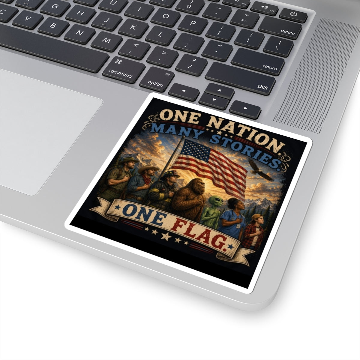 One Nation Many Stories — Patriotic Kiss-Cut Sticker (American Flag & Diverse Heroes)
