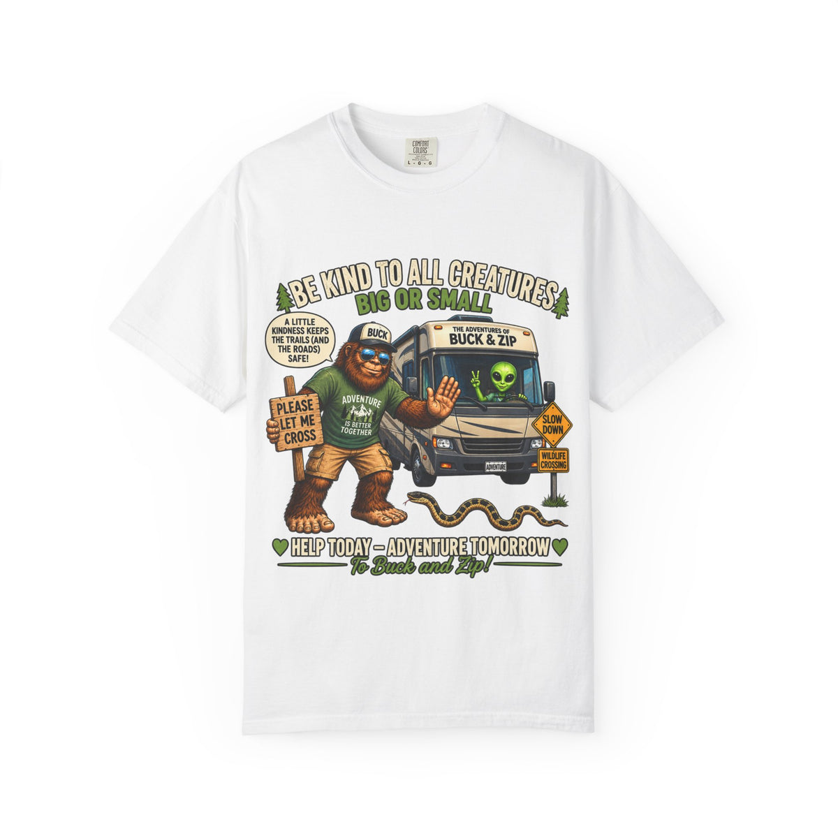 Bigfoot & Alien Rescue T-Shirt — "Be Kind to All Creatures" Adventure Tee