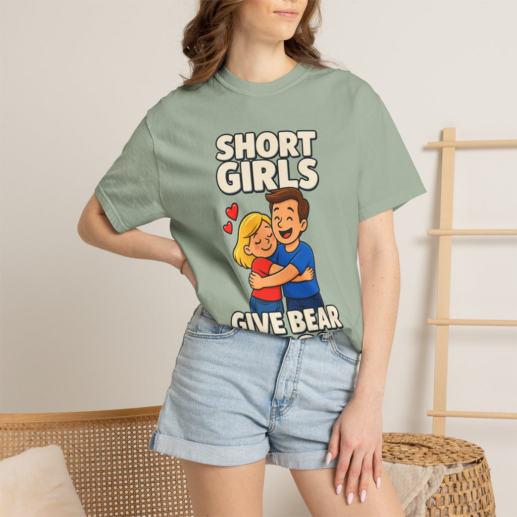 Short Girls Give Bear Hugs T-Shirt — Cute Retro Couple Hug Graphic Tee