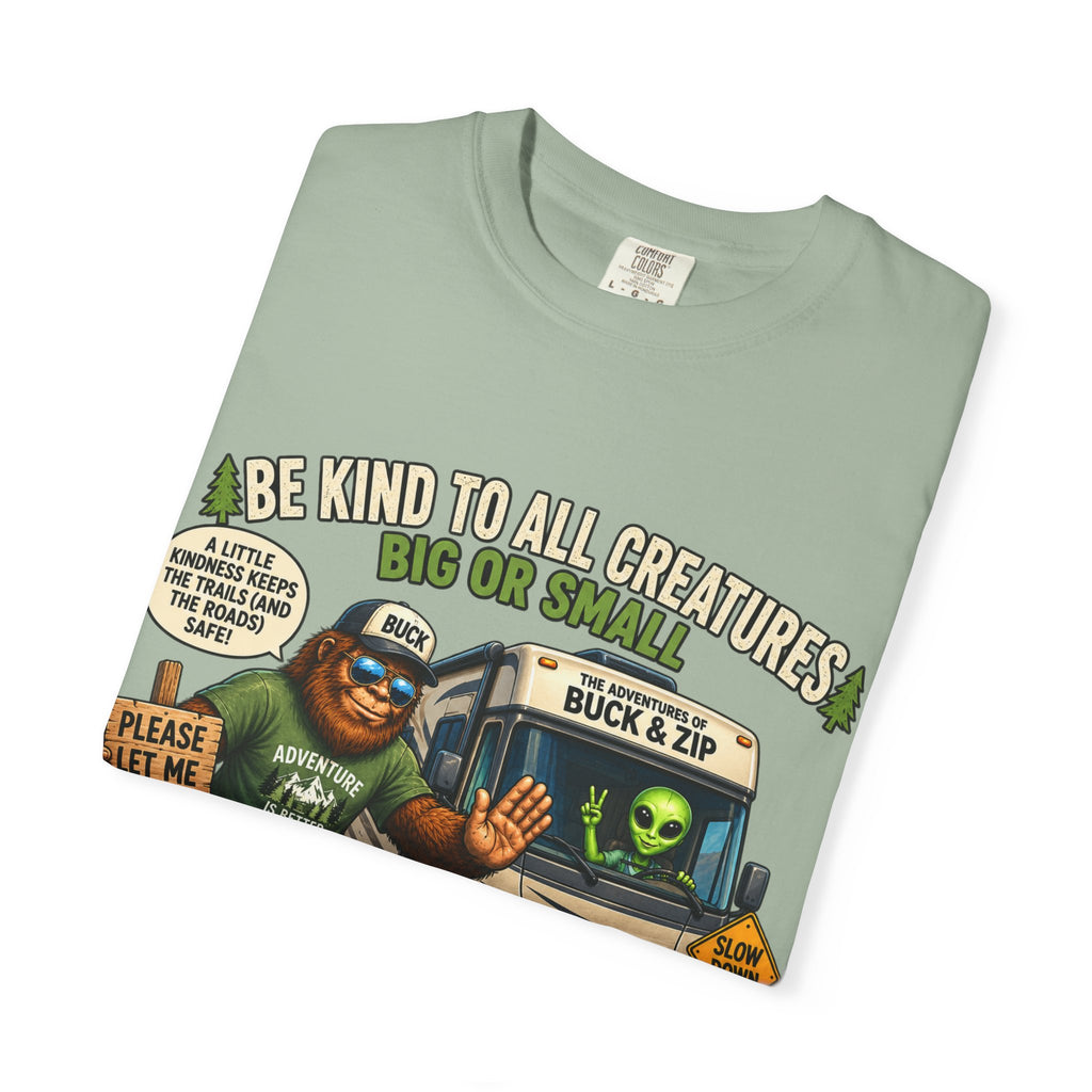Bigfoot & Alien Rescue T-Shirt — "Be Kind to All Creatures" Adventure Tee