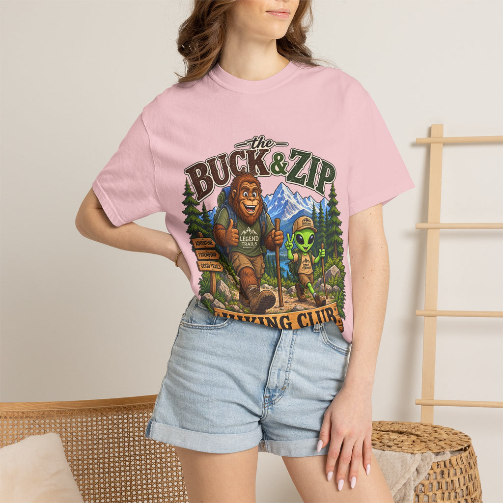 Hiking Club T-Shirt — "The Buck & Zip" Bigfoot & Alien Outdoor Tee