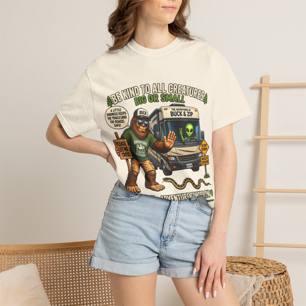 Bigfoot & Alien Rescue T-Shirt — "Be Kind to All Creatures" Adventure Tee