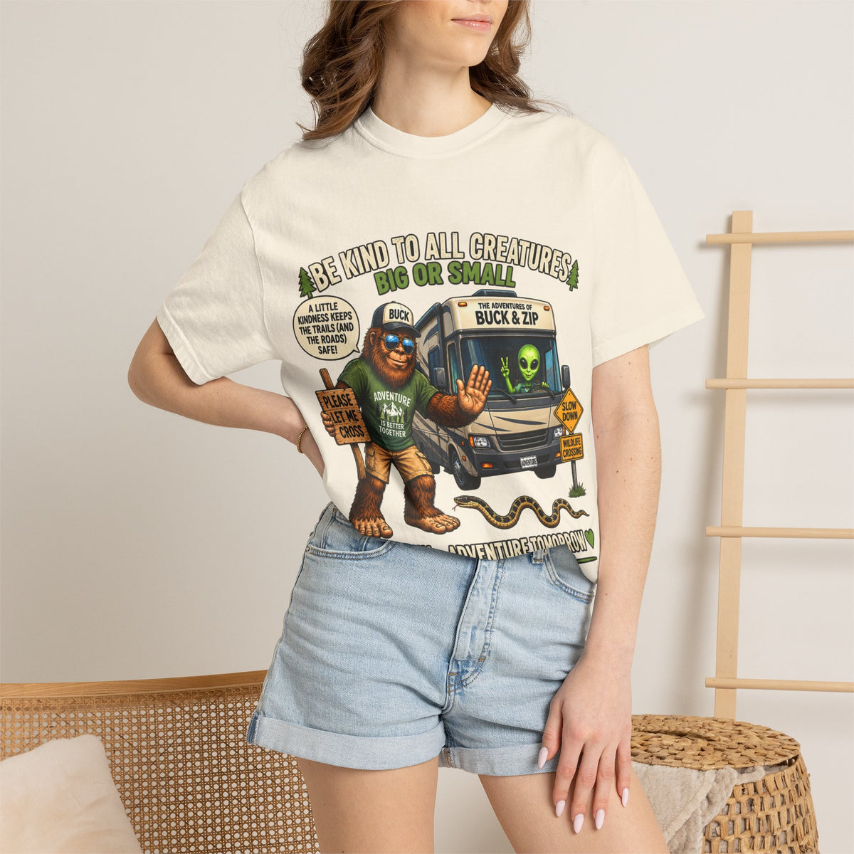 Bigfoot & Alien Rescue T-Shirt — "Be Kind to All Creatures" Adventure Tee