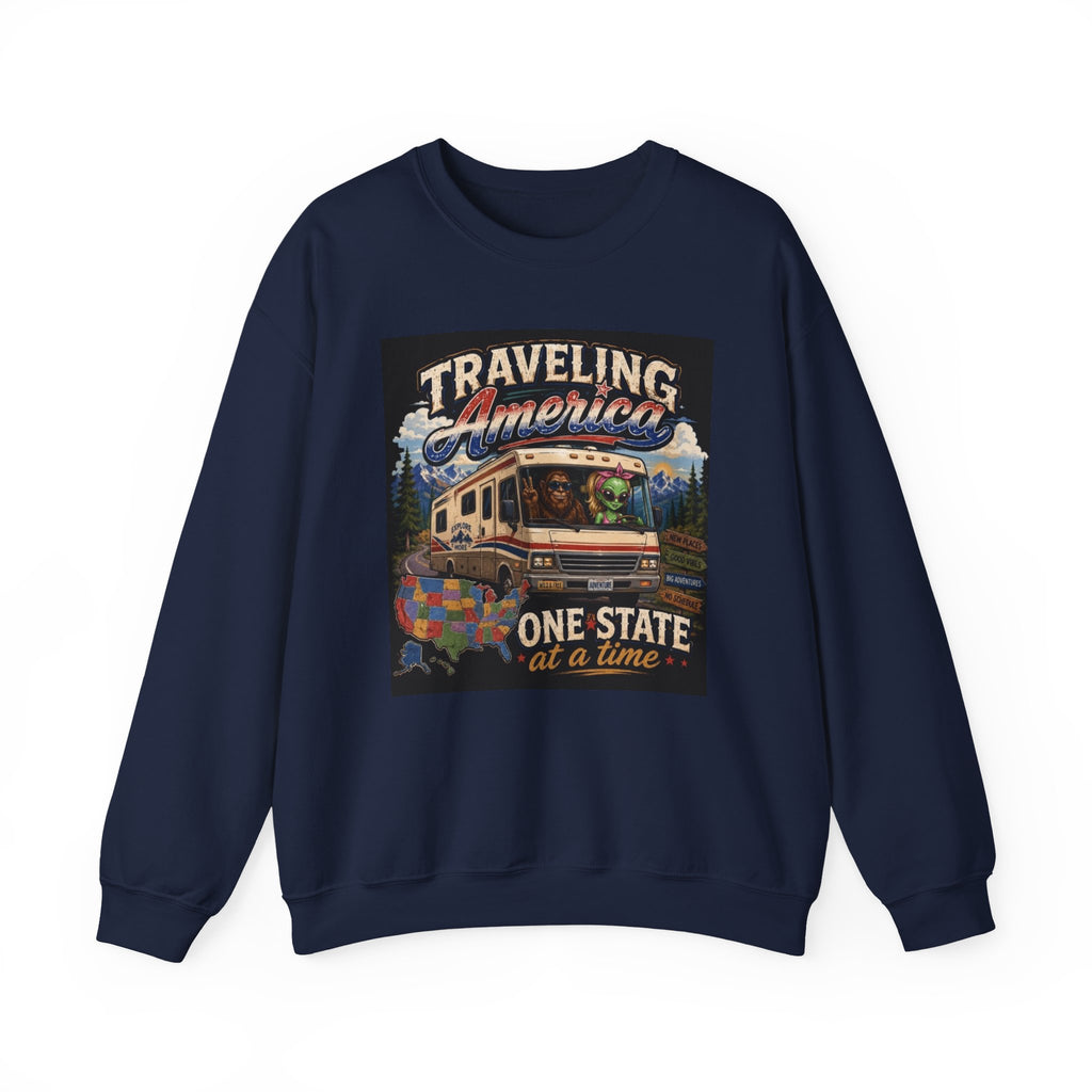 Traveling America Crewneck Sweatshirt — One State at a Time RV Roadtrip Graphic