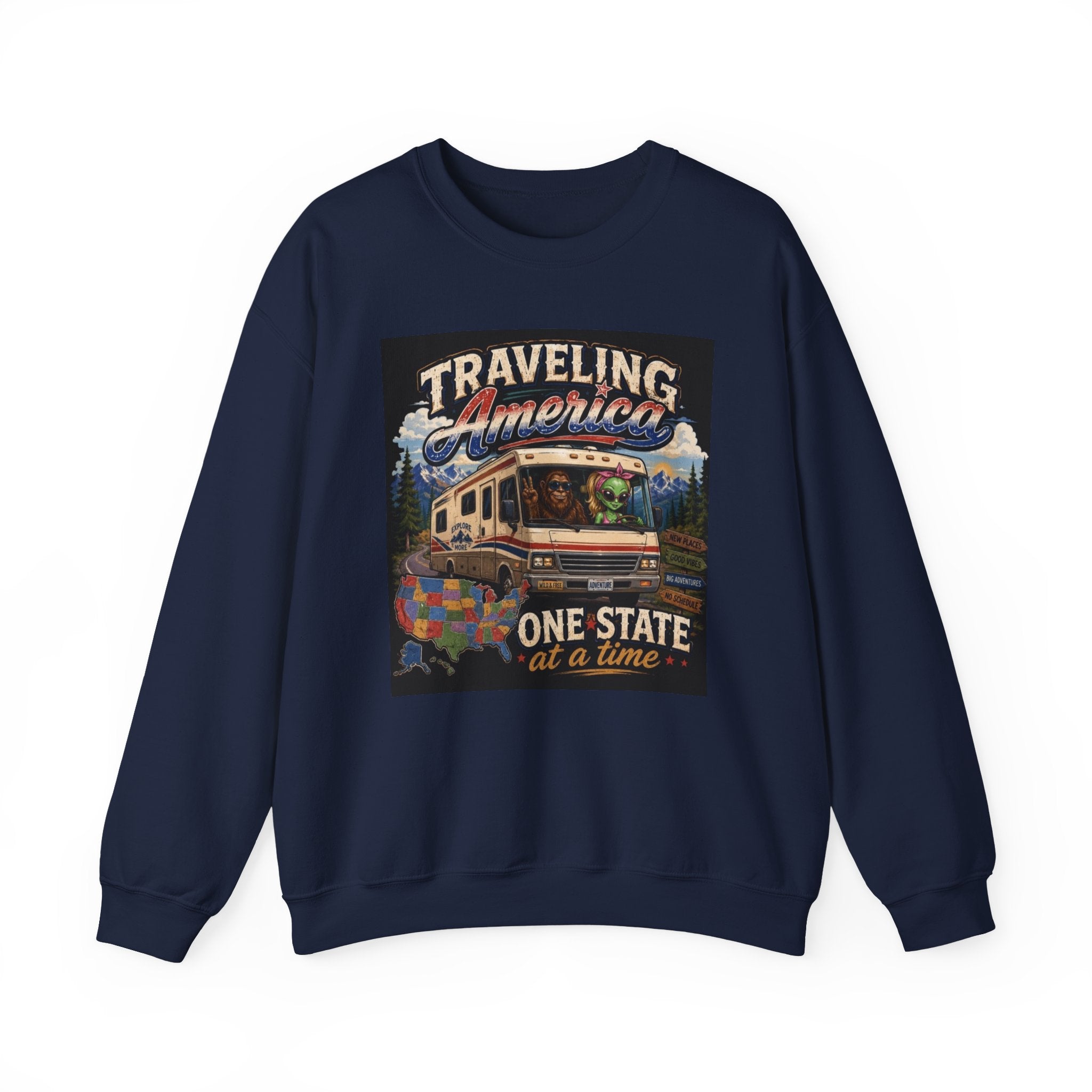 Traveling America Crewneck Sweatshirt — One State at a Time RV Roadtrip Graphic