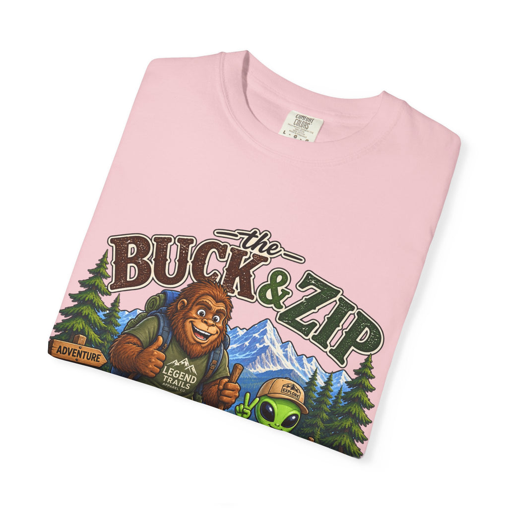 Hiking Club T-Shirt — "The Buck & Zip" Bigfoot & Alien Outdoor Tee