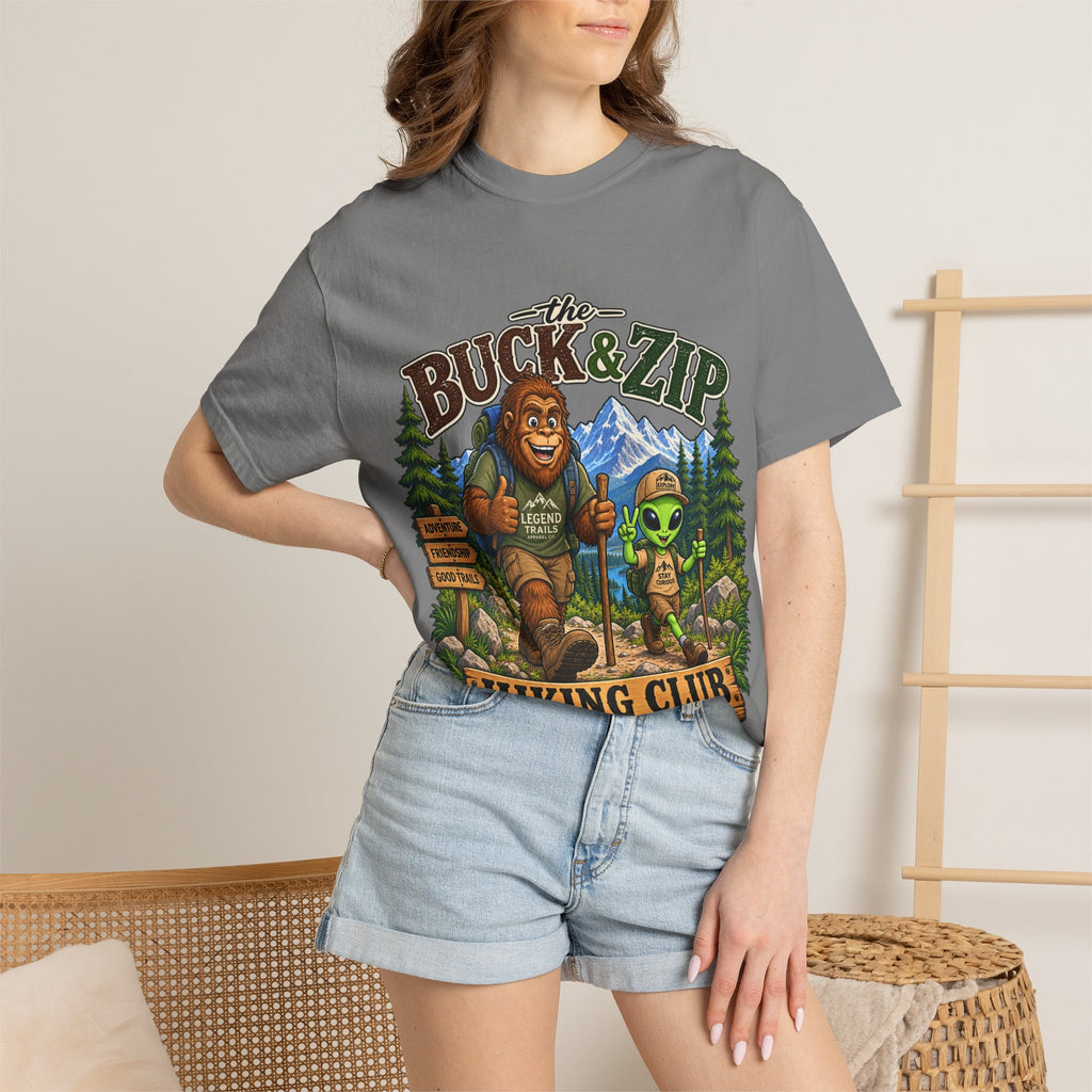 Hiking Club T-Shirt — "The Buck & Zip" Bigfoot & Alien Outdoor Tee