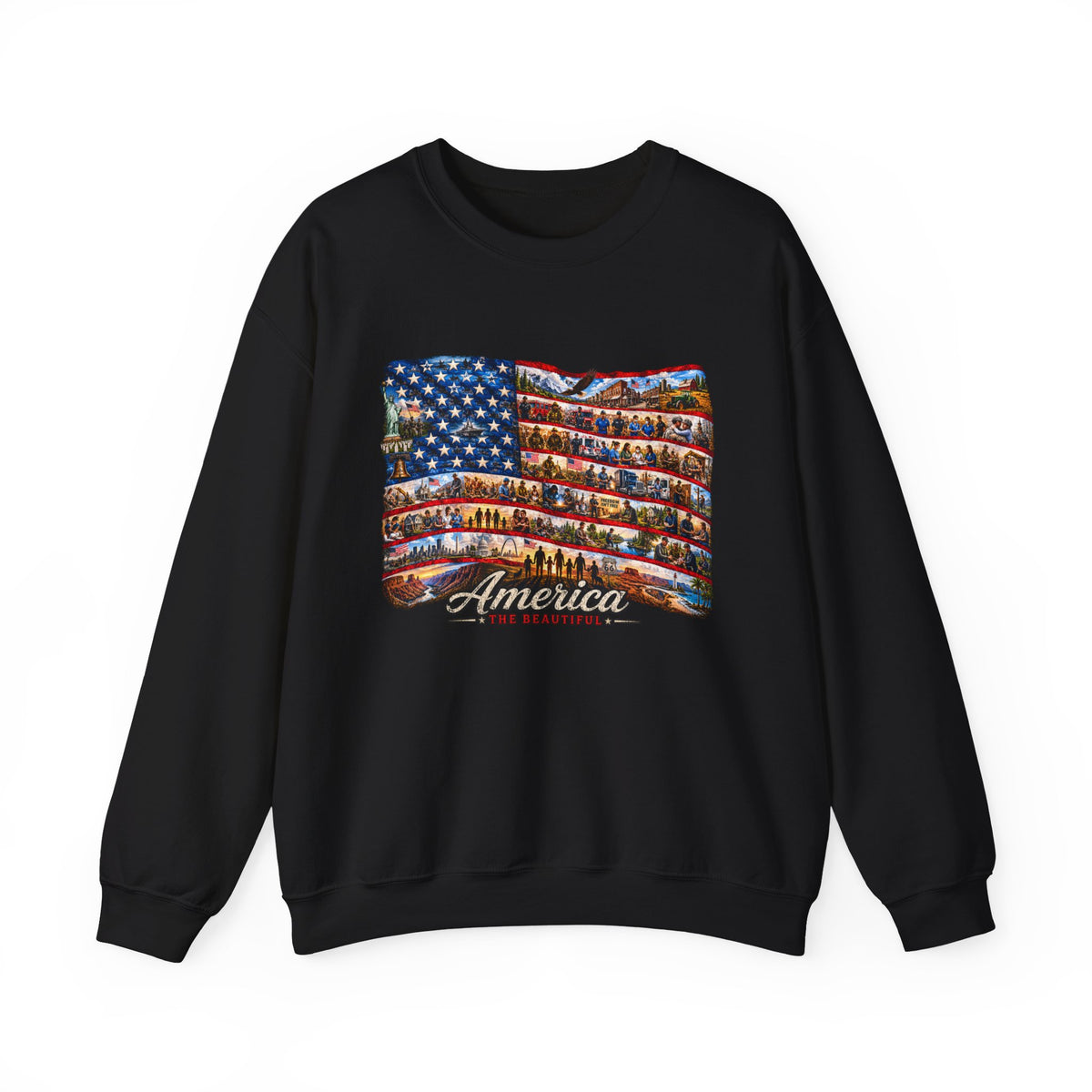 American Flag Crewneck Sweatshirt — "America the Beautiful" Patriotic Pullover