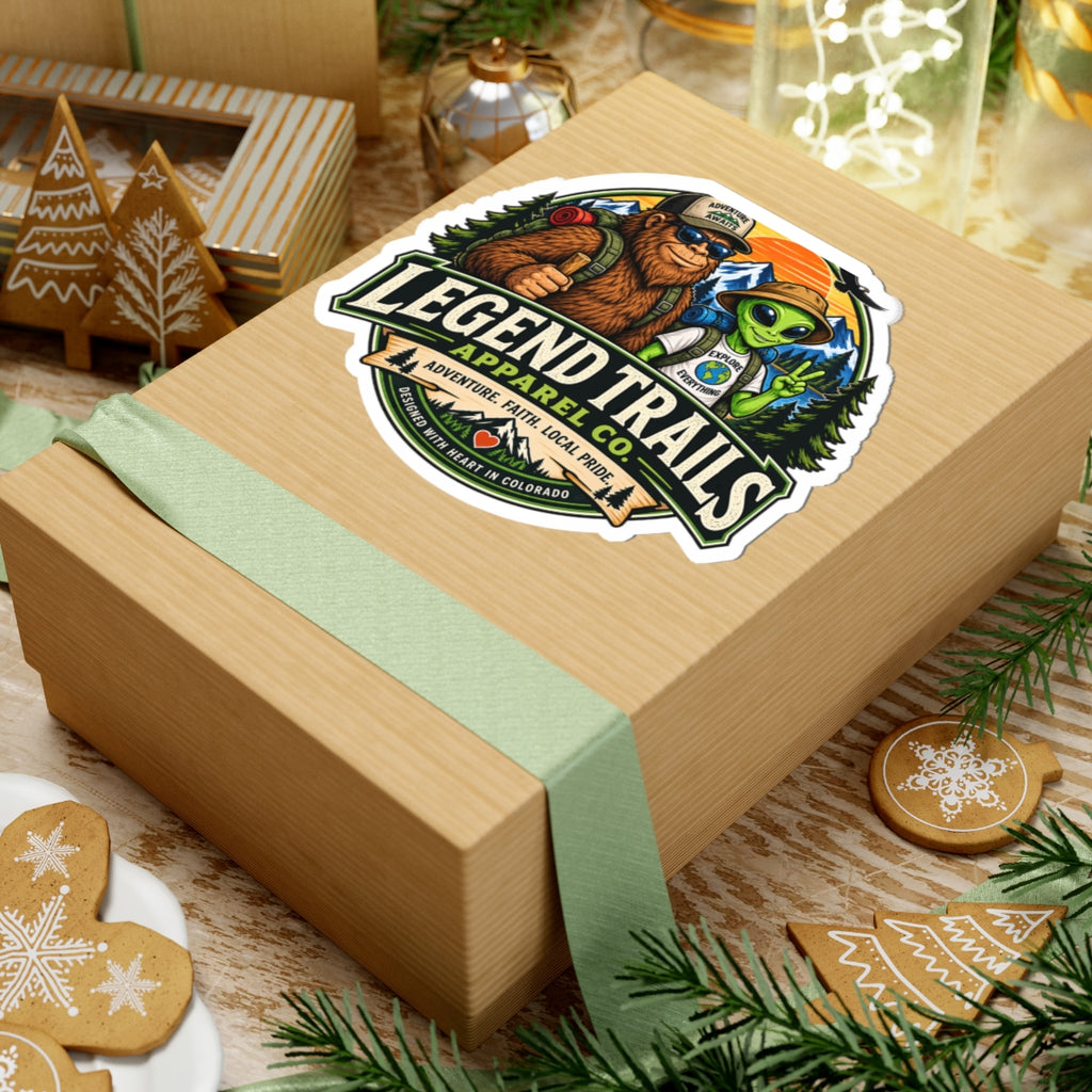 Legend Trails Kiss-Cut Sticker — Sasquatch & Alien Hiker Adventure Badge
