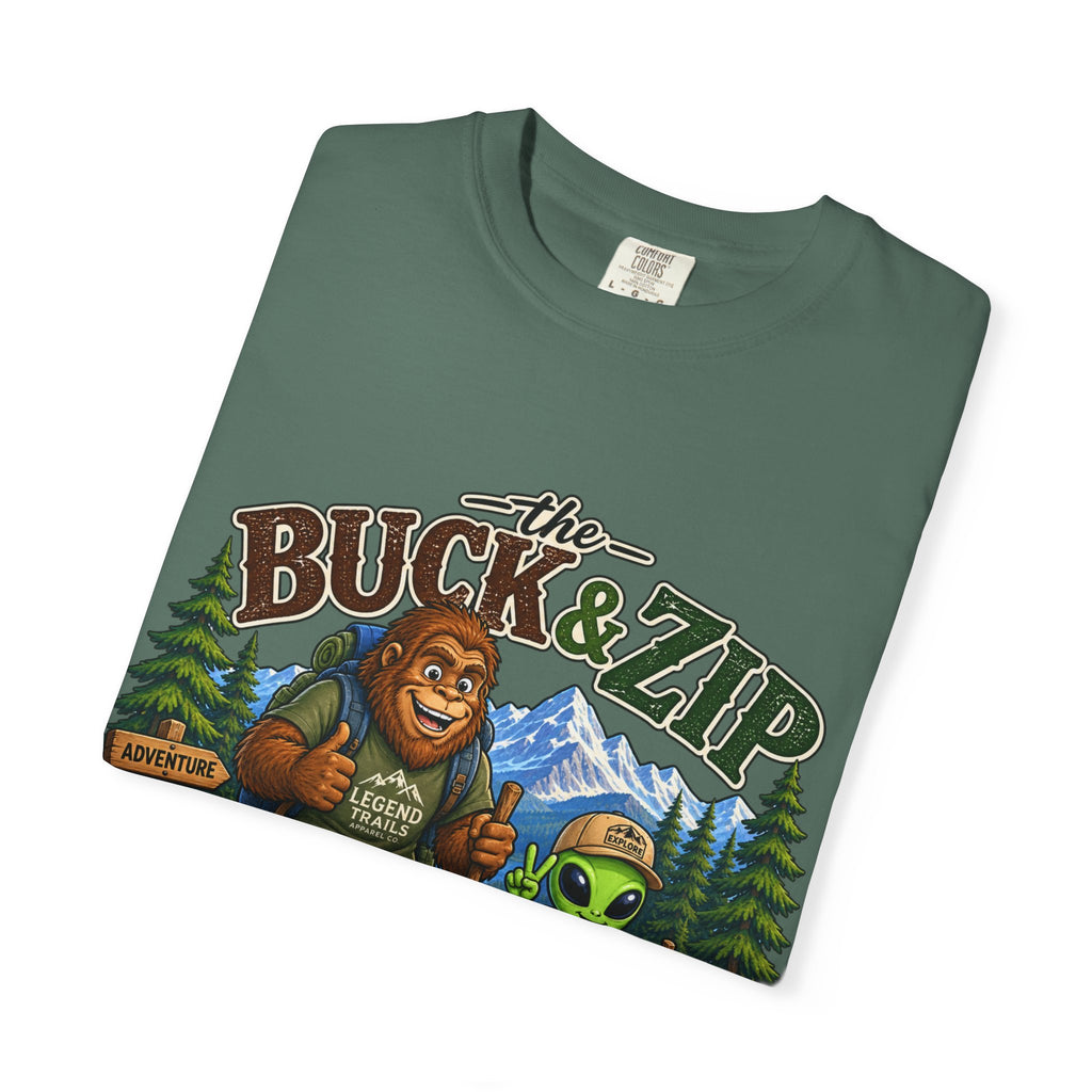 Hiking Club T-Shirt — "The Buck & Zip" Bigfoot & Alien Outdoor Tee