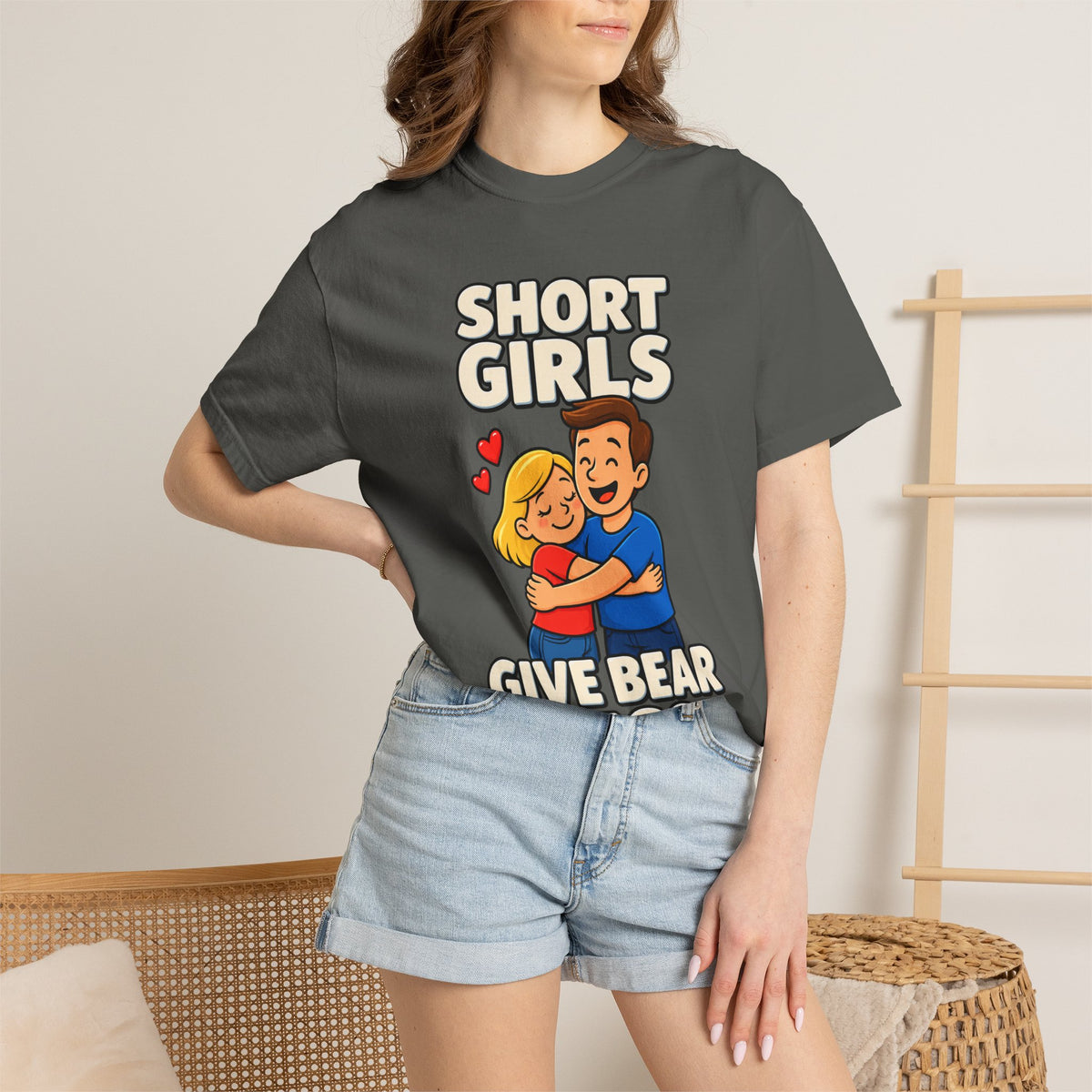 Short Girls Give Bear Hugs T-Shirt — Cute Retro Couple Hug Graphic Tee