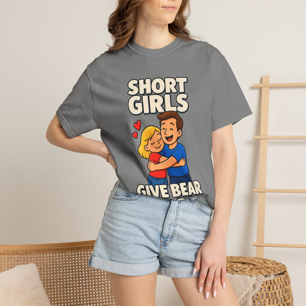 Short Girls Give Bear Hugs T-Shirt — Cute Retro Couple Hug Graphic Tee