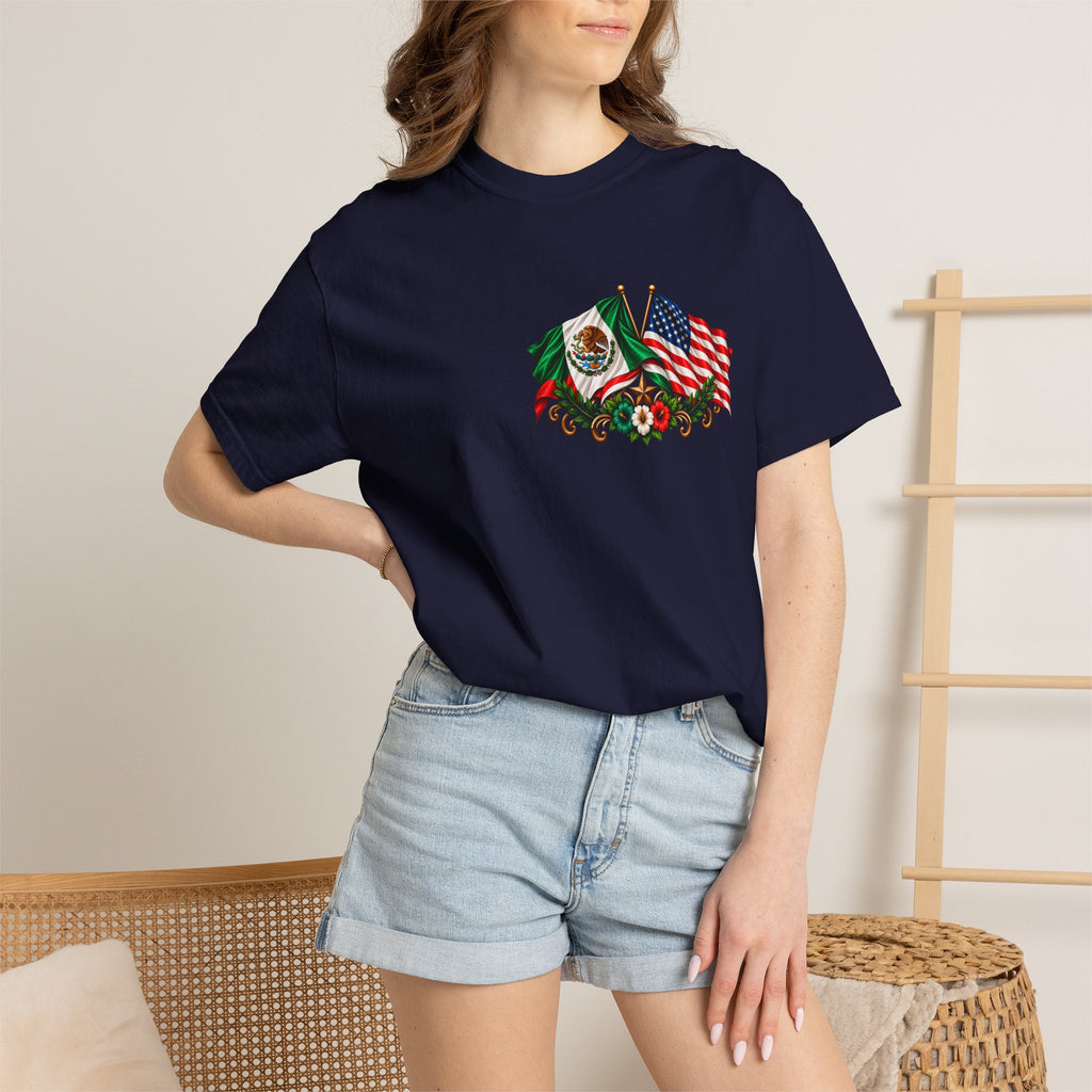 Proud of My Roots T-Shirt — "Orgulloso de mis Raíces / Orgulloso de ser Americano" USA-Mexico Heritage Tee