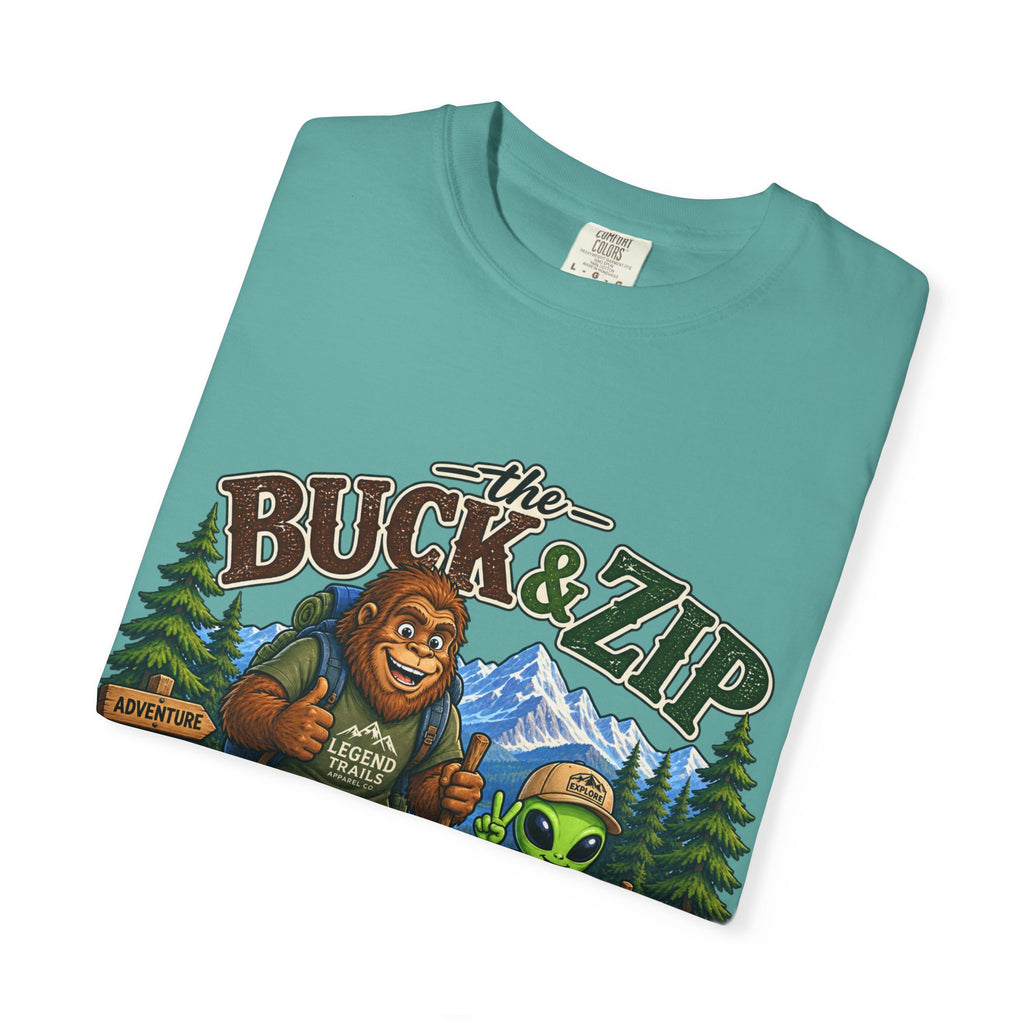 Hiking Club T-Shirt — "The Buck & Zip" Bigfoot & Alien Outdoor Tee