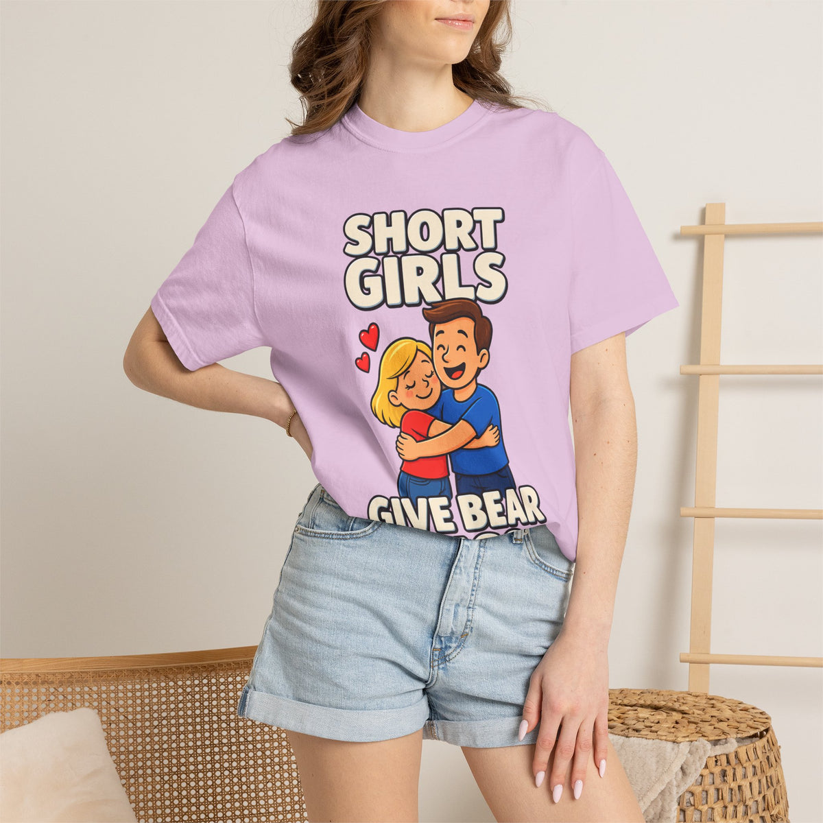Short Girls Give Bear Hugs T-Shirt — Cute Retro Couple Hug Graphic Tee