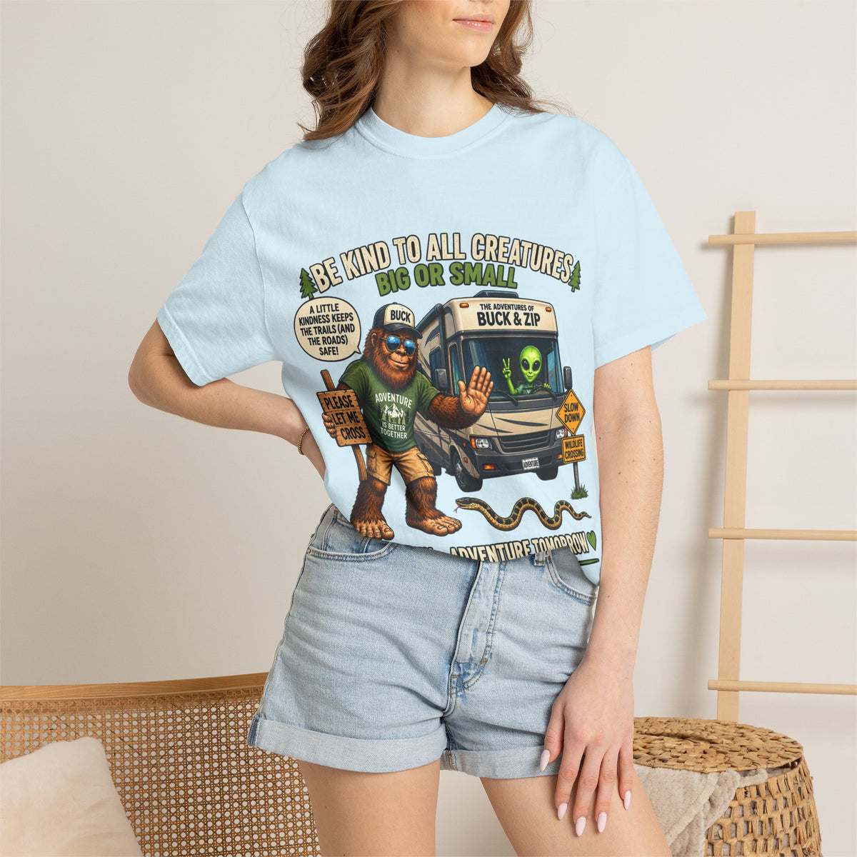 Bigfoot & Alien Rescue T-Shirt — "Be Kind to All Creatures" Adventure Tee