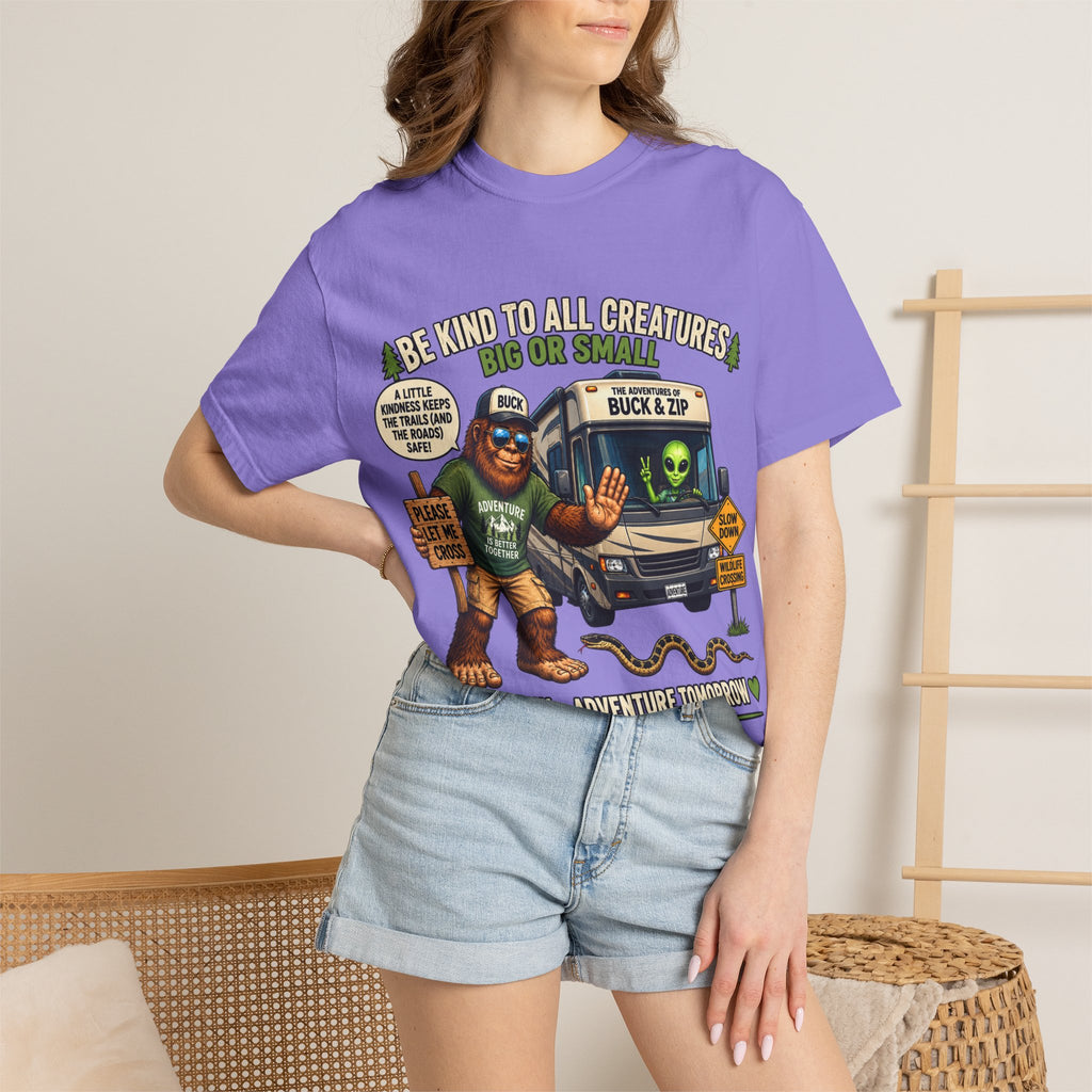 Bigfoot & Alien Rescue T-Shirt — "Be Kind to All Creatures" Adventure Tee
