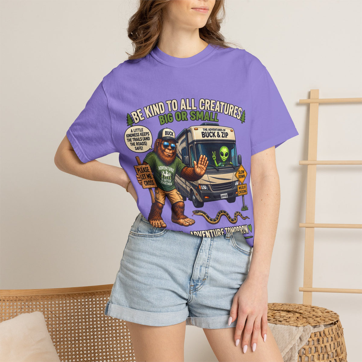 Bigfoot & Alien Rescue T-Shirt — "Be Kind to All Creatures" Adventure Tee